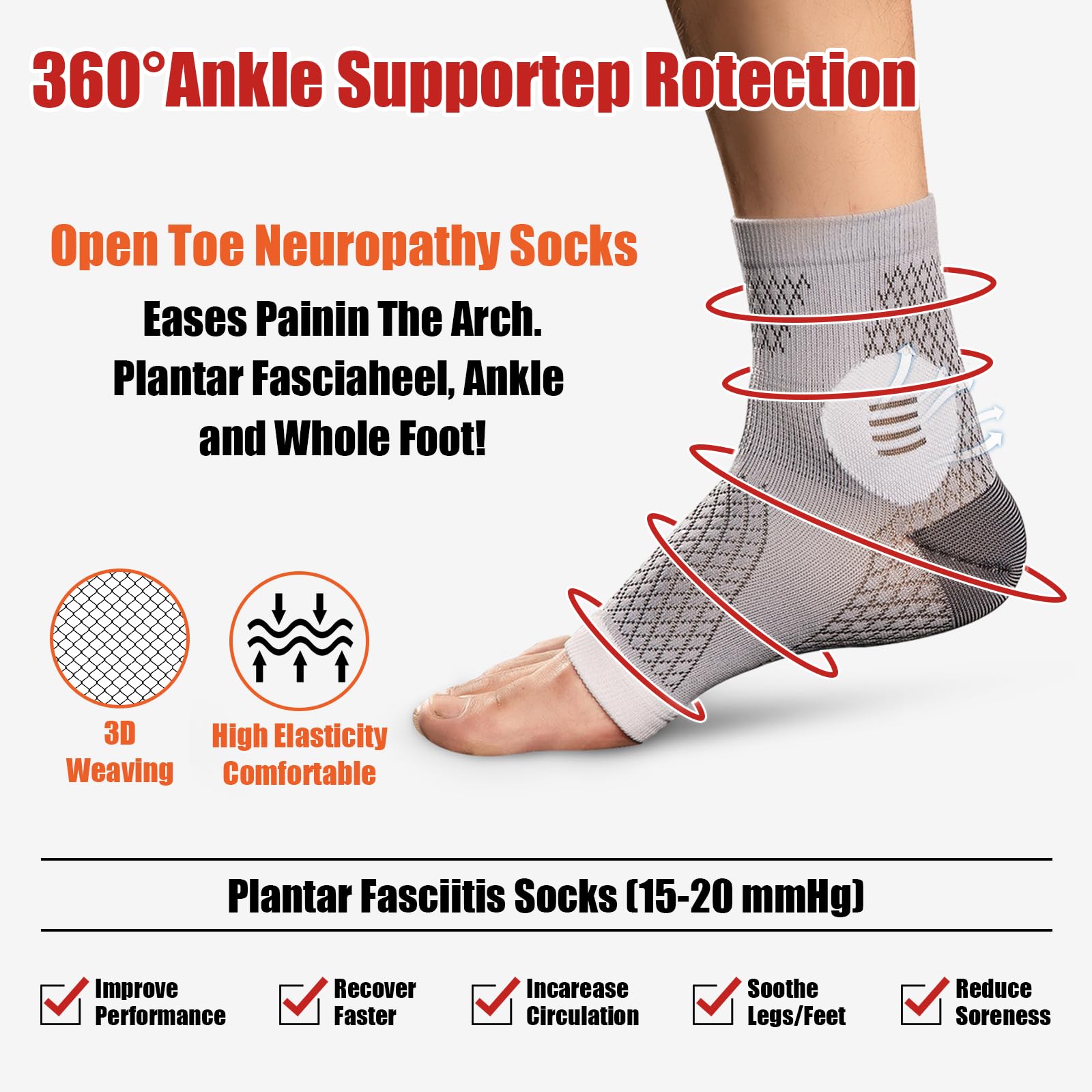 3 Pairs Plantar Fasciitis Relief Socks - Toeless Compression Socks with Arch Support for Heel Spurs, Foot Pain & Swelling - Neuropathy Socks for Men & Women - Ideal for Running, Walking & Daily Comfort (Gray, Medium)