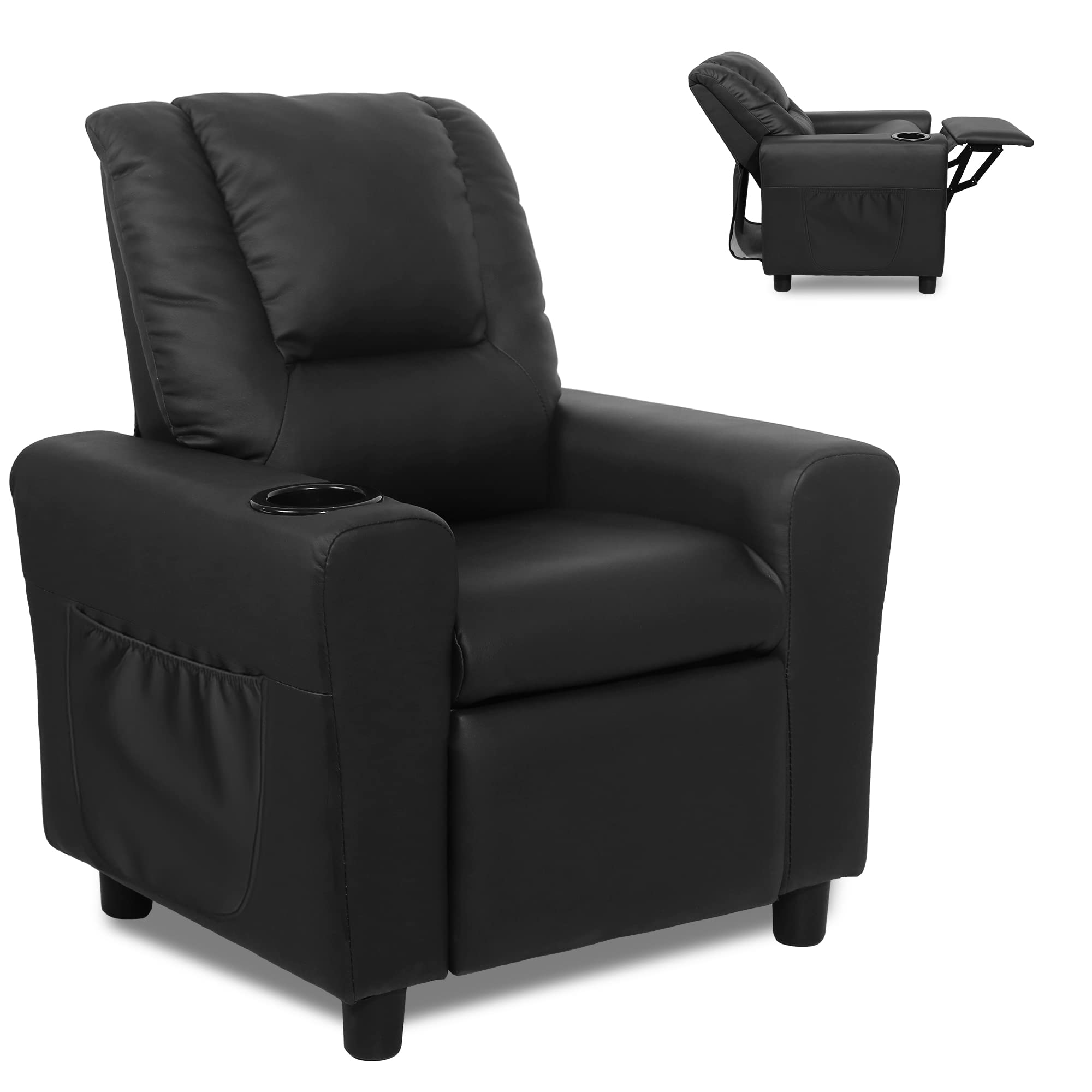 **Kids Recliner Chair with Cup Holder & Side Pockets - Toddler Recliner for Boys & Girls Ages 0-5, Non-Slip Footstool Included - Perfect for Playrooms, Bedrooms & Movie Nights (Black)**