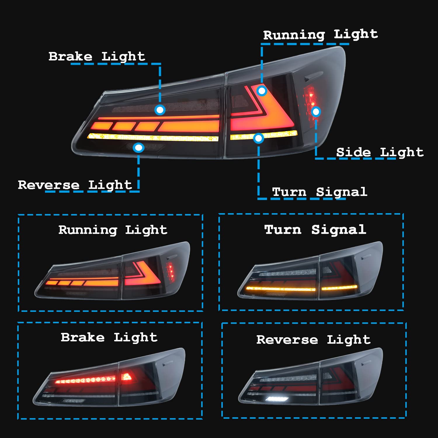Lexus IS250 IS350 ISF LED Smoked Tail Lights (2006-2013) - Sequential Turn Signals & Start-Up Animation - Rear Lamp Assembly - Perfect for Night Driving & Car Customization