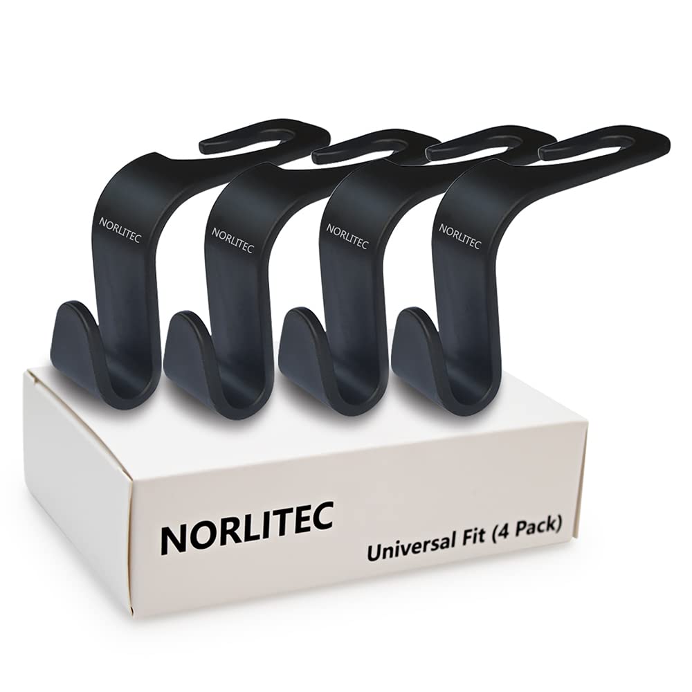 Norlitec Universal Car Seat Headrest Hooks (4-Pack, Black) - Car Backseat Organizer for Purses, Bags & Accessories - Perfect for Road Trips, Shopping & Daily Commute