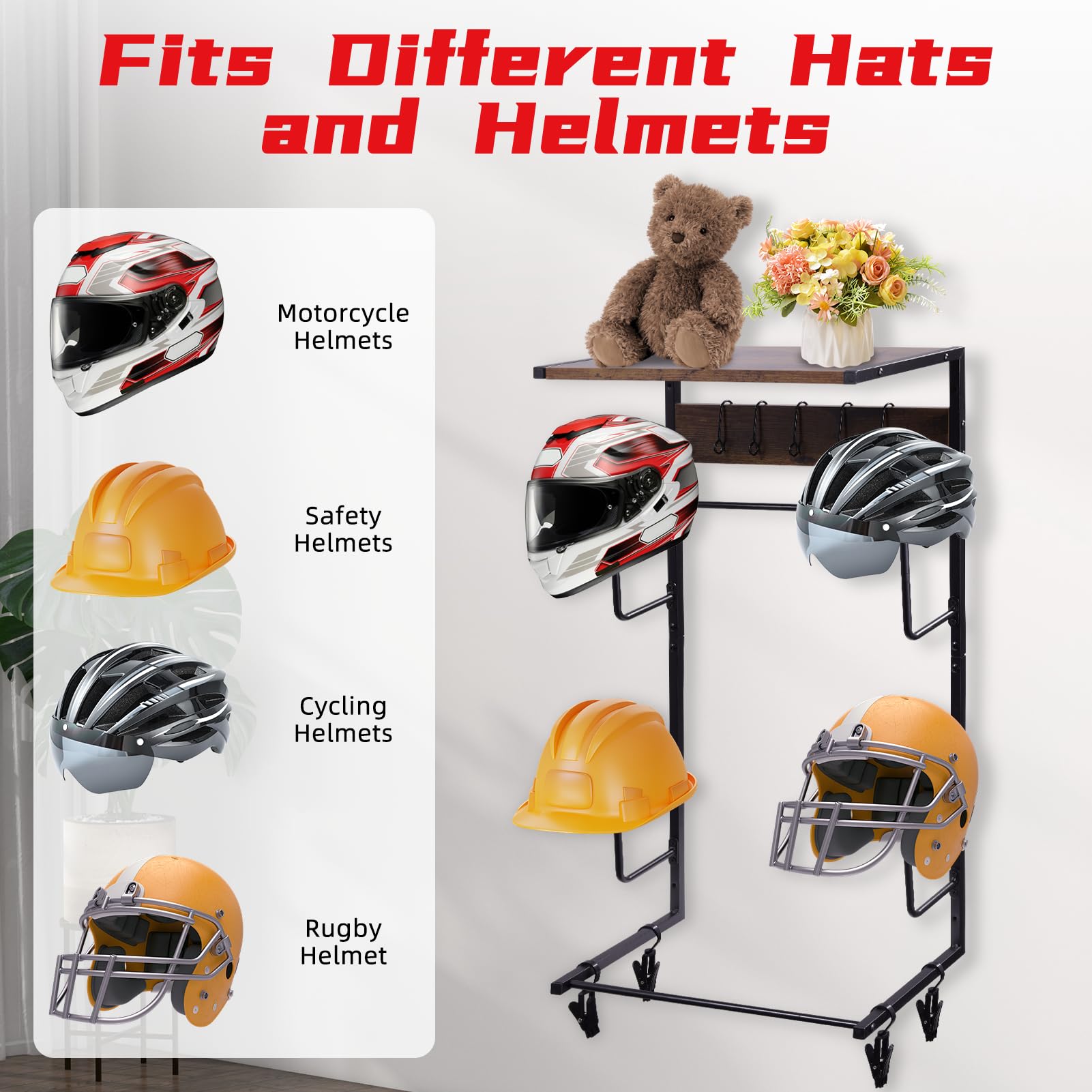 Motorcycle Helmet Wall Mount with Rack & Hooks - Garage Storage Solution