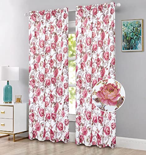 Set of 2 Kendall Floral Blackout Curtains 84 Inches Long - Rose Pattern Thermal Insulated Drapes for Bedroom & Living Room - Noise Reducing & Light Blocking Window Treatments for Home Decor
