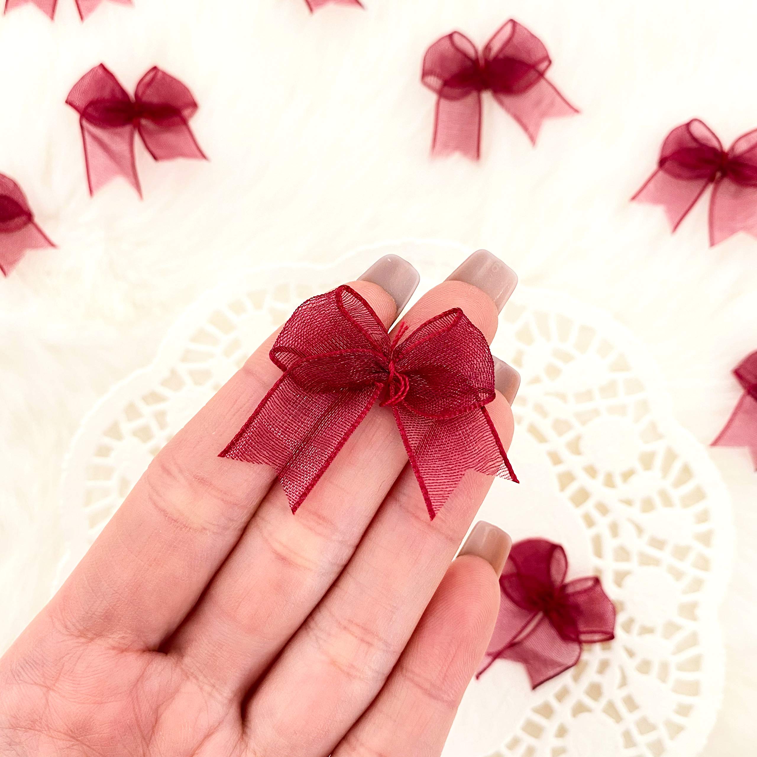 25-50pcs Burgundy Organza Bows | Dark Red Pre-Tied Ribbon Bows for Fabric Embellishment & Crafts | Perfect for Gift Wrapping, Wedding Decorations, Hair Accessories & DIY Projects