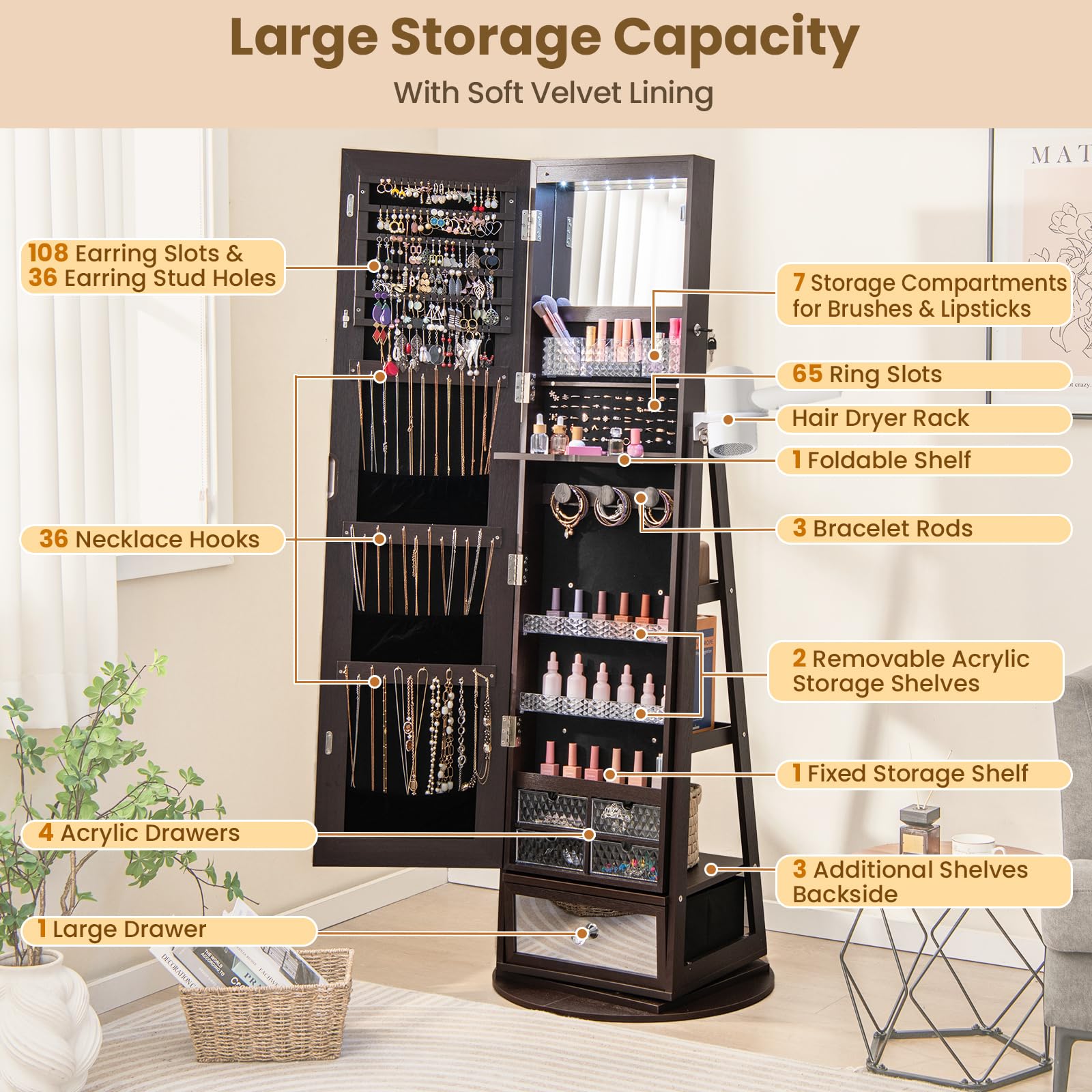 CHARMAID 360° Swivel Jewelry Cabinet Armoire with Full Length Mirror - 64.5