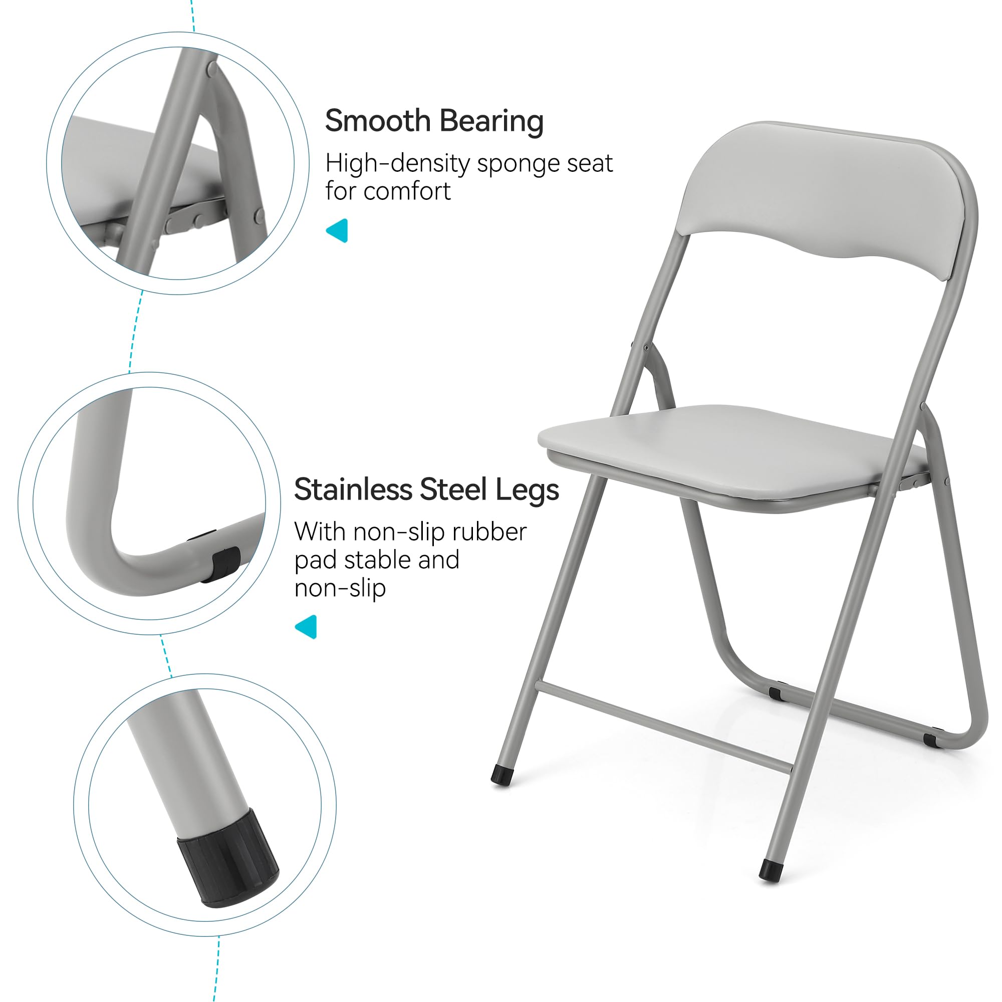 4 Pack Folding Chairs with Cushion - Portable Metal Stackable Chairs for Indoor & Outdoor Events, Non-Slip Feet Pads, Grey - Perfect for Parties, Picnics, Weddings & Home Use