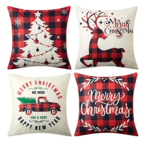 GARVEE 4-Piece Christmas Pillow Covers Set - 18x18 Inch Holiday Decor with Tree, Deer & Truck Designs - Merry Christmas Square Cushion Cases for Sofa, Bed & Home Decor