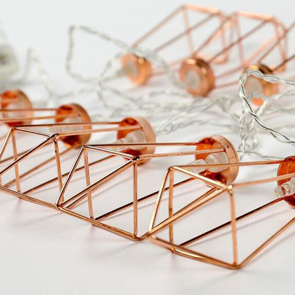 5Ft Metal Cage String Lights - 10 LED Fairy Lights Battery Powered Rose Gold Diamond Geometric Boho Decor for Bedroom, Wedding, Party, Indoor, Patio, Camping, Wall & Terrarium (Warm White) - Perfect for Romantic Ambiance, Boho Chic Decor and Cozy Outdoor Lighting