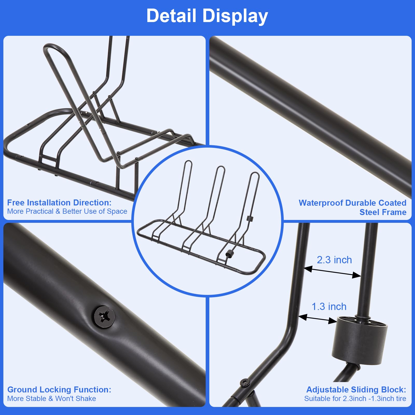 3 Bike Floor Stand Rack - No Contact with Disc Brakes & Derailleur - Waterproof Bicycle Storage for Garage, Home & Outdoor Use - Perfect for Road Bikes, Kids Bikes & Mountain Bikes (MTB) - Ideal for Space-Saving Bike Organization in Small Garages, Apartments and Backyards