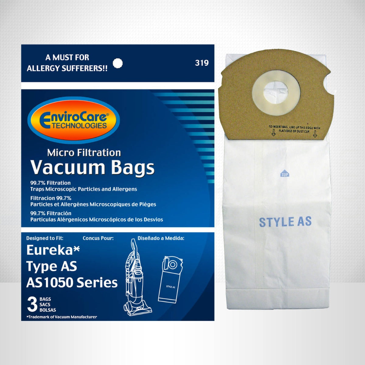 EnviroCare Eureka Type AS Vacuum Bags - 3 Pack | HEPA Filtration for Allergies & Dust | Compatible with Eureka Models 4870, 4871, 4872 | Perfect for Home, Office & Pet Hair Cleaning