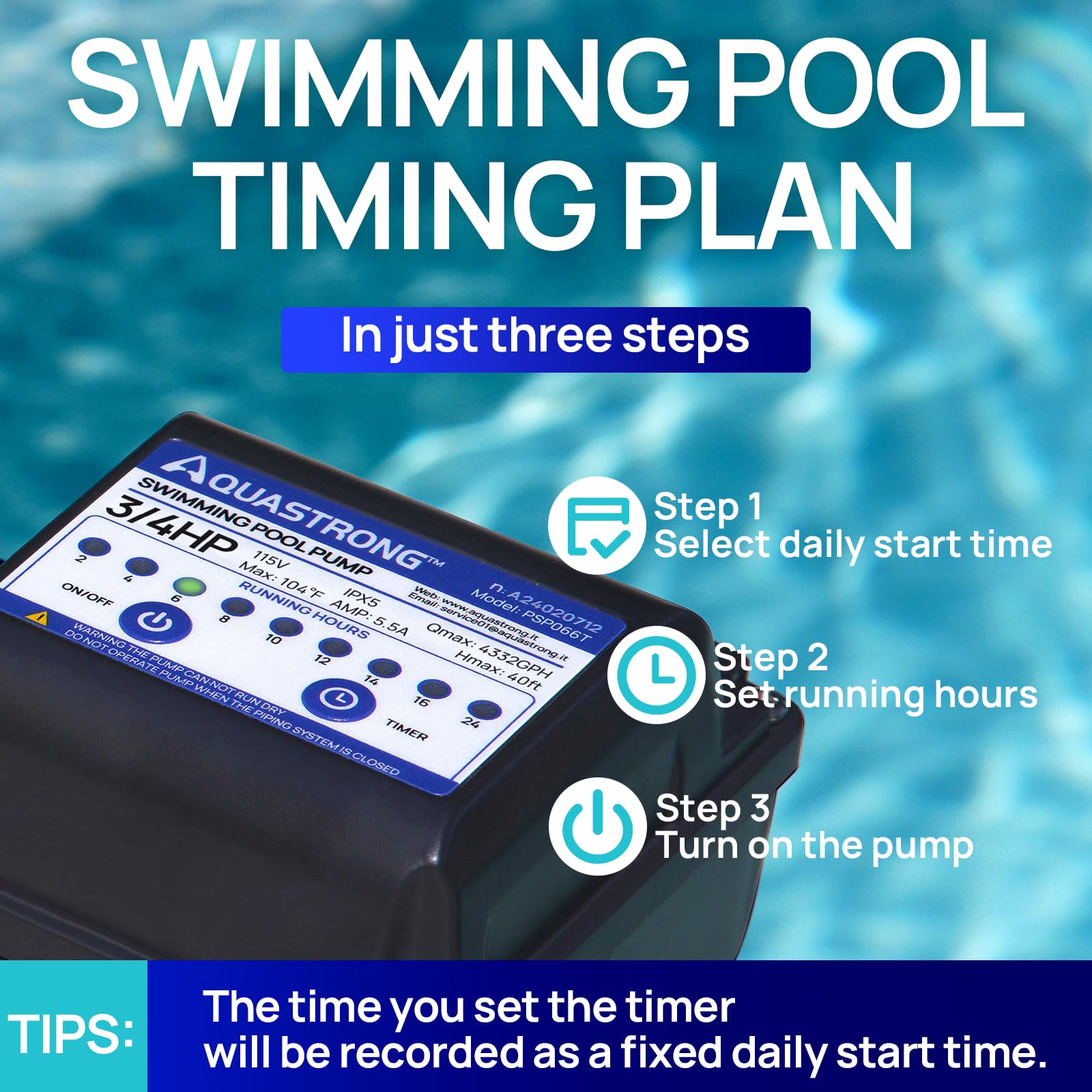 AQUASTRONG 3/4 HP High Flow Above Ground Pool Pump with Timer - 115V, 4332 GPH, 1.25