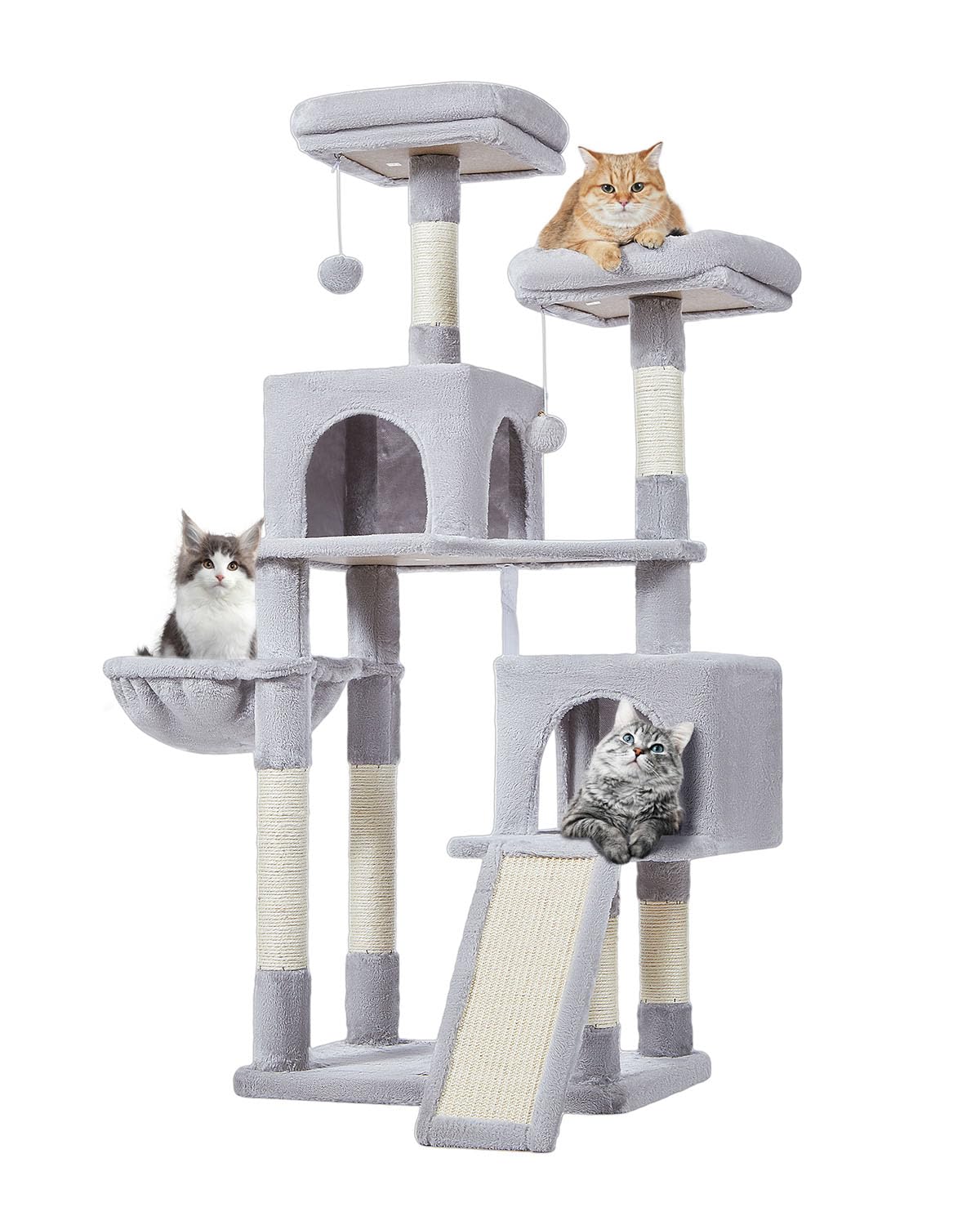 Taoqimiao 56.3-Inch Cat Tree with Scratching Posts - Multi-Level Cat Tower for Indoor Cats Featuring Hammocks, Toys, Condo & Large Scratch Board in Light Gray (MS012W) - Perfect for Small Spaces, Apartments & Playful Kittens