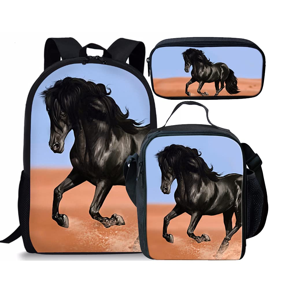 Durable Black Horse Backpack Set for Boys & Girls - Waterproof School Backpack with Lunch Box & Pencil Case - Perfect for School, Travel & Outdoor Adventures