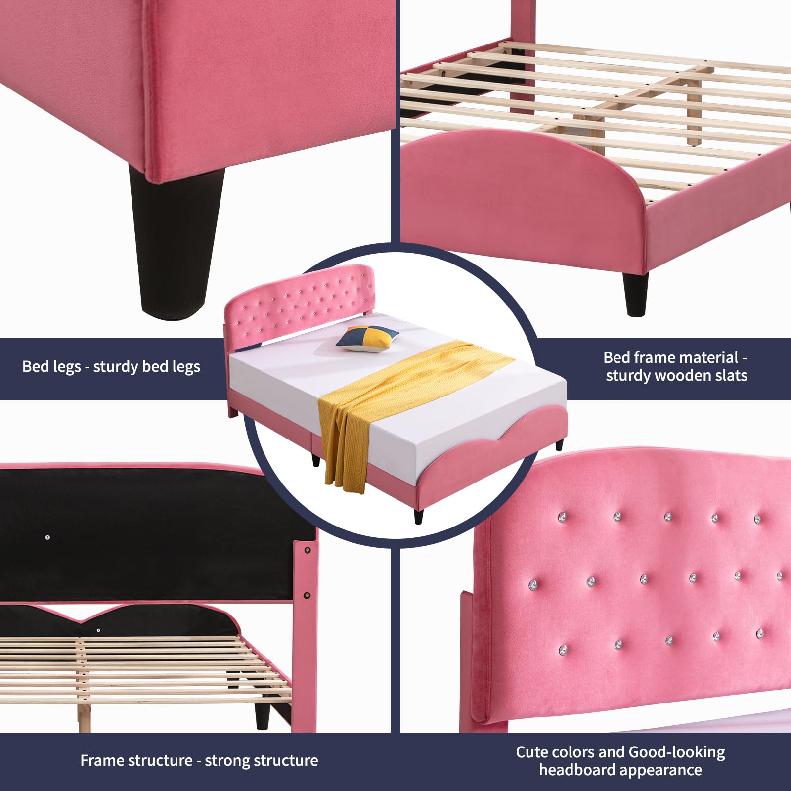 ZAFLY Full Size Bed Frame for Kids - Pink Princess Bed with Cushioned Headboard & Wooden Slats, Sturdy Girls Bed Frame for Deep Sleep | Perfect for Bedrooms, Playrooms & Sleepovers (Diamond Design)
