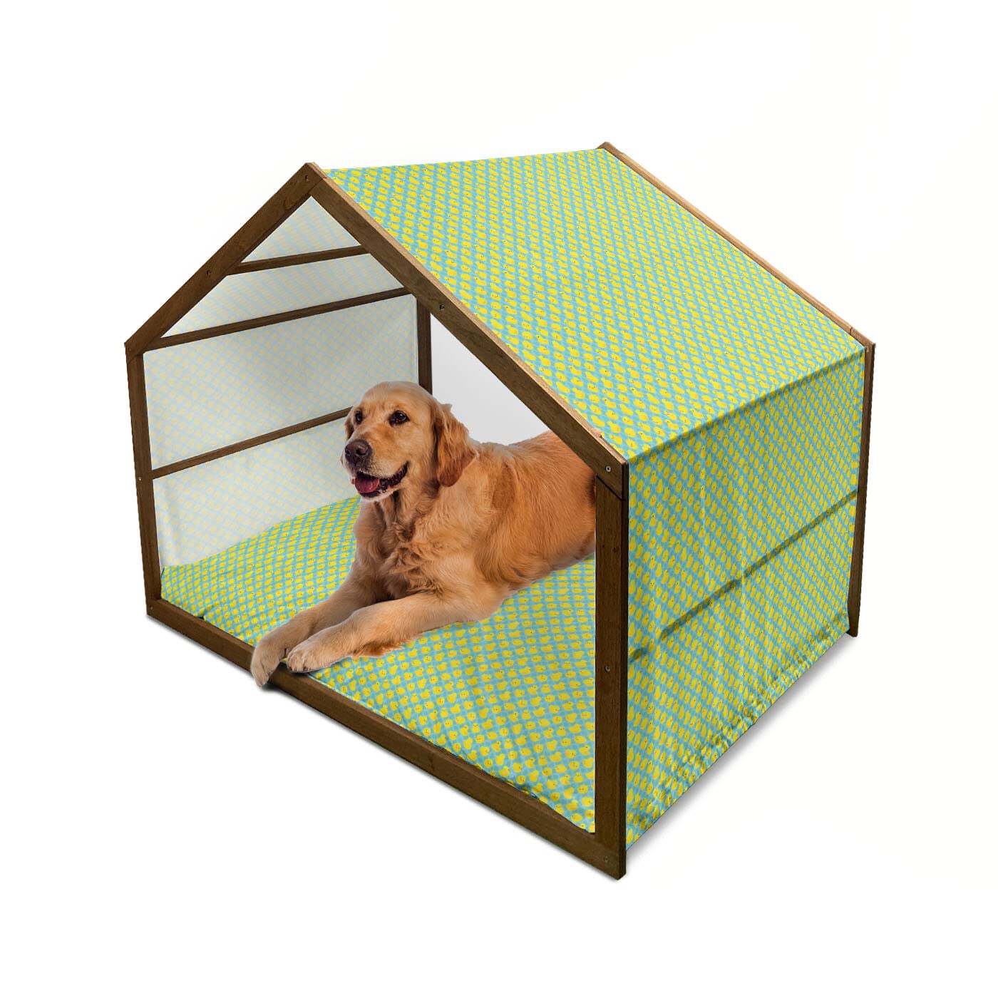 Lunarable Duckies Themed Wooden Dog House - Abstract Spotted Design with Rubber Duck Bathroom Toys, Indoor/Outdoor Portable Pet Kennel with Removable Pillow & Cover, X-Large Size in Sea Green & Orange | Perfect for Home Decor, Backyard, Patio or Pet-Friendly Spaces