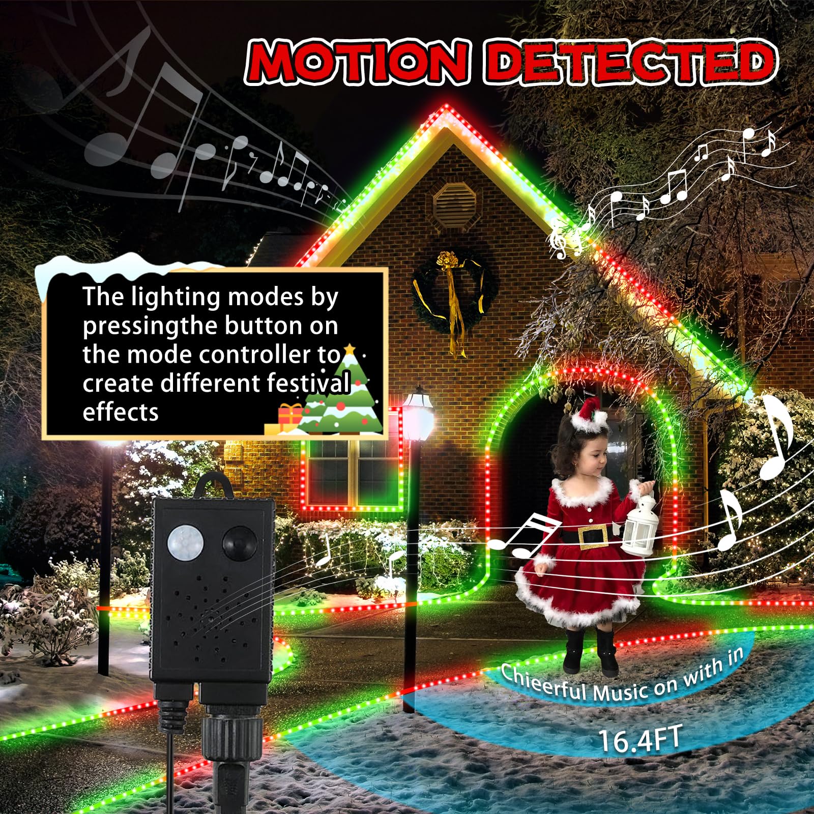 66FT 800 LED Outdoor Christmas Rope Lights with Music & Motion Sensor - Red Green Holiday String Lights for Christmas Tree, Landscape, Patio, Garden, and Indoor Decorations | Perfect for Year-Round Party, Wedding, and Festival Lighting