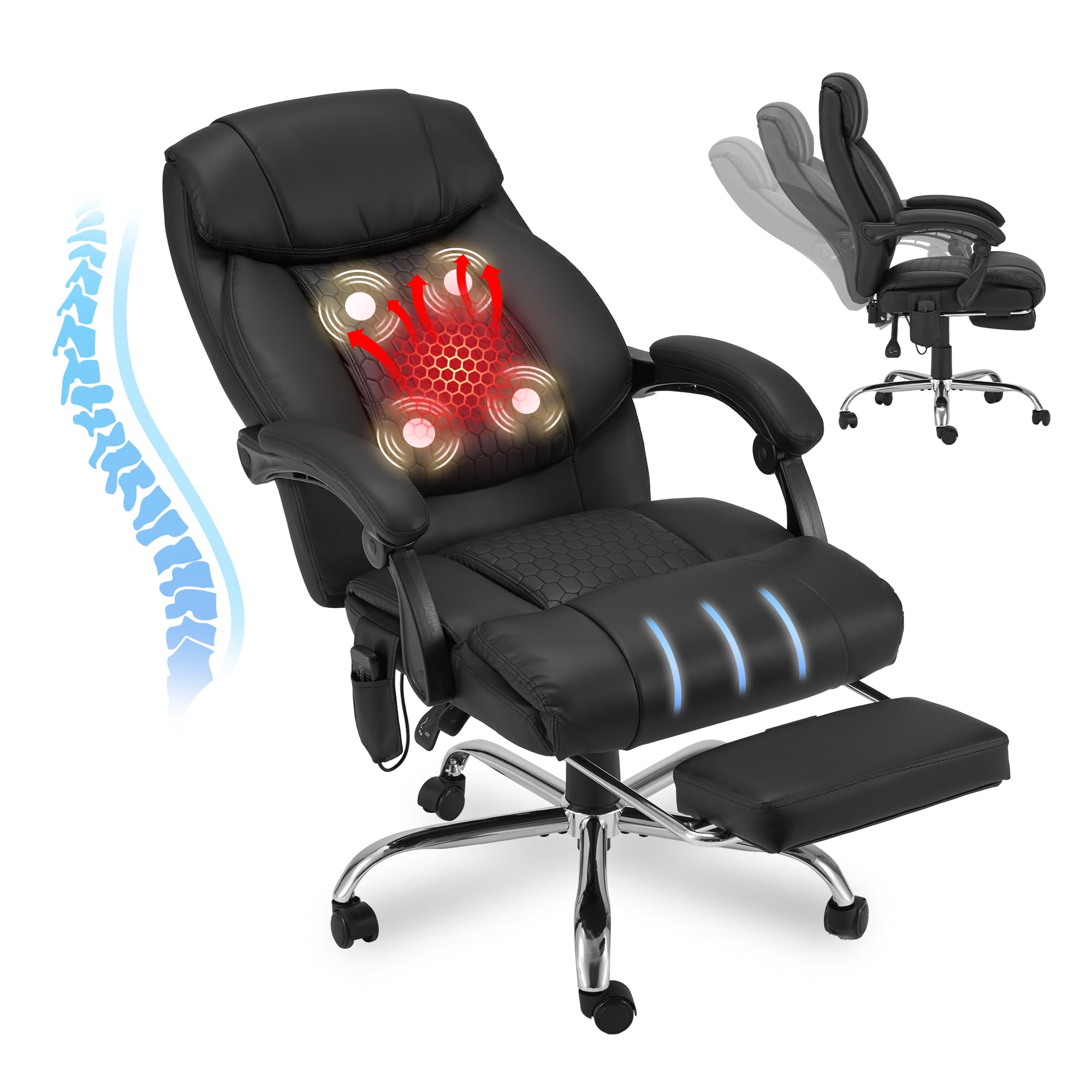 HOMREST Ergonomic Reclining Office Chair with 4-Point Massage & Heat - Adjustable Executive Chair with Retractable Footrest - Comfortable Home Computer Desk Chair for Working, Gaming & Relaxing - Black