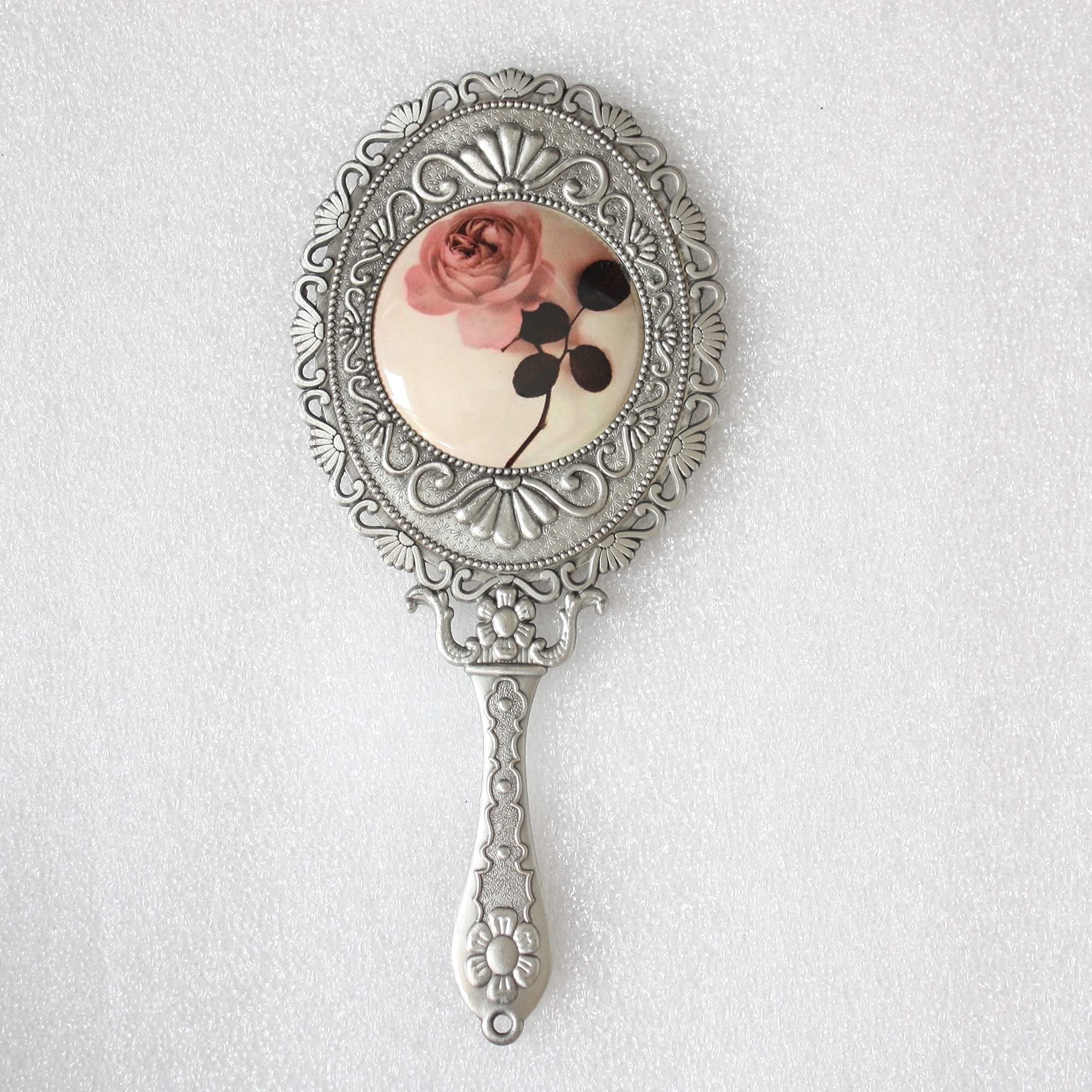 SEHAMANO Hand Mirror with Handle - Compact Handheld Makeup Mirror for Travel & Home Use - Rose Gold Cosmetic Mirror with Clear Reflection (Matt Silver Tin Finish) - Perfect for Makeup Application, Hair Styling & Beauty Routines