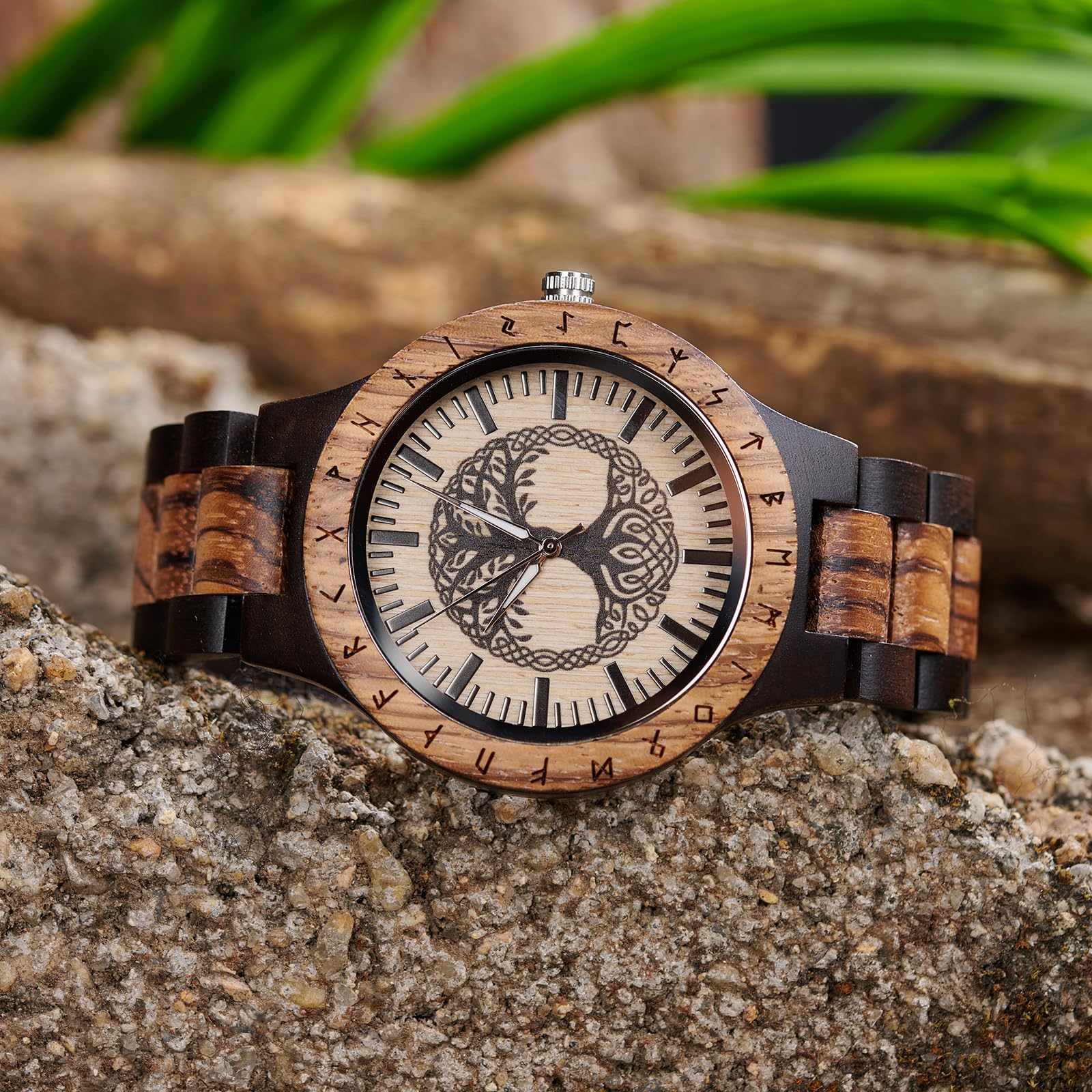Vikingenes Handmade Wooden Watches for Men – Personalized Engraved Wooden Chronograph, Luxury Natural Wood Wristwatch – Unique Viking-Themed Gift for Him (Father's Day, Anniversary, Birthday) – Perfect for Outdoor Adventures & Formal Occasions
