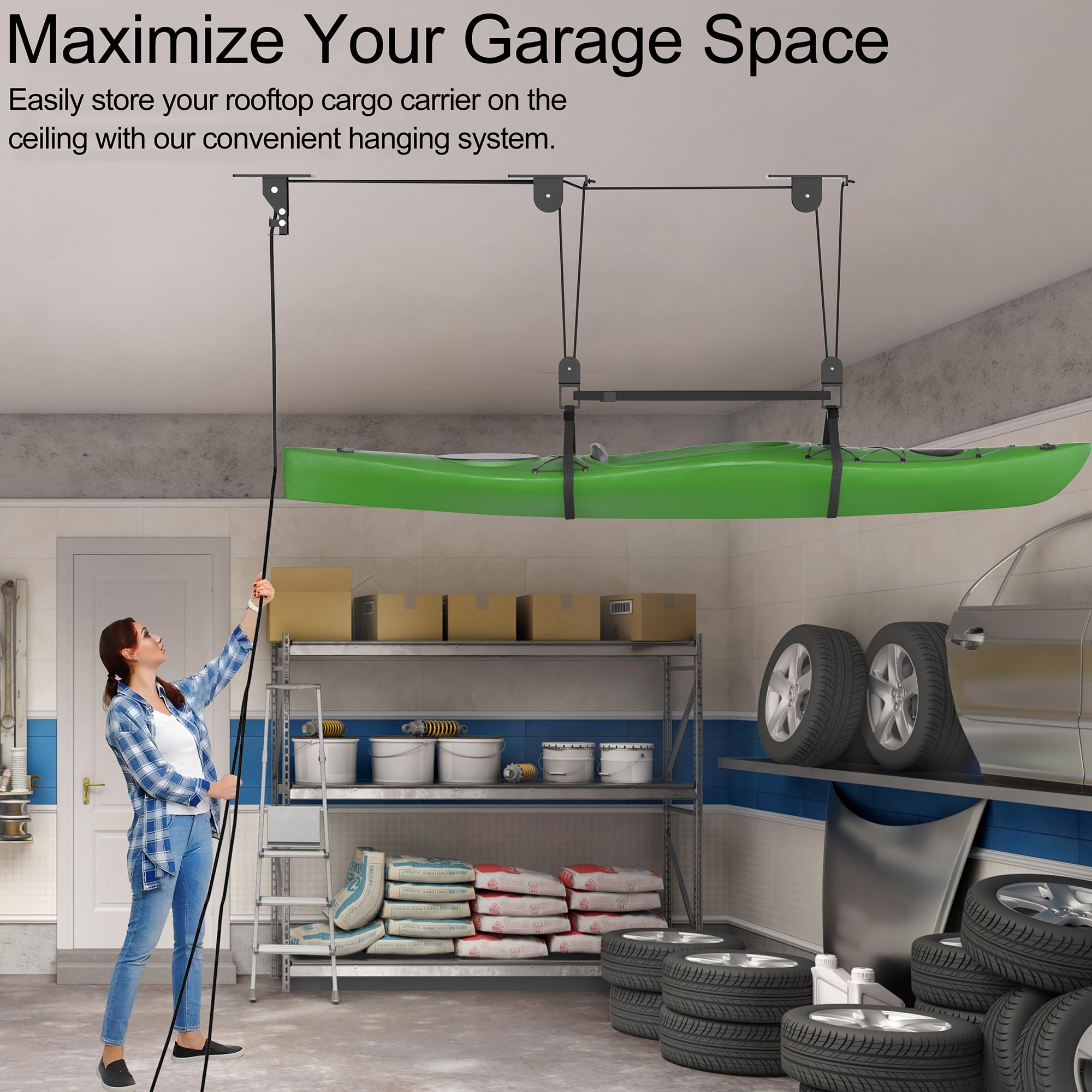 2025 Upgraded Heavy Duty Kayak Hoist System for Garage Ceiling - 200 lbs Capacity Canoe Lift Storage with Pulley - Fits 10-20 Foot Ceilings (Black) - Perfect for Kayak, Canoe & Paddleboard Storage in Garage, Basement or Shed