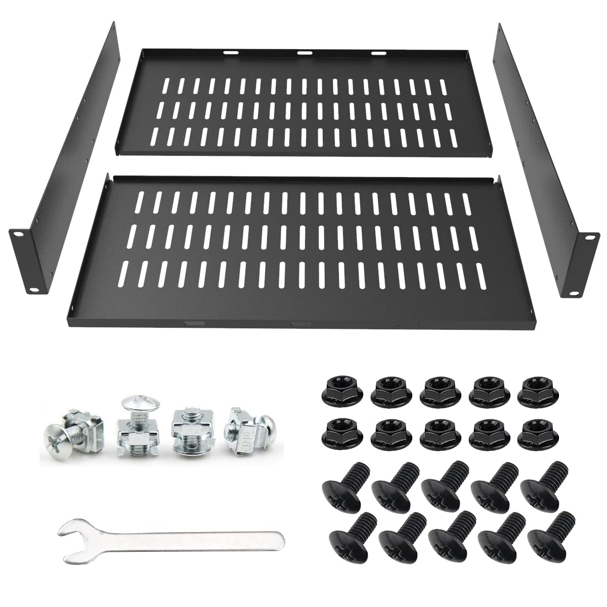 Jingchengmei 2U Server Rack Shelf - 16 Inch Deep Universal Vented Rack Mount Cantilever Tray for 19-inch Network Cabinet or Server Rack - Heavy Duty Disassembled Black (2U16InD) - Perfect for Data Centers, IT Rooms, and Home Server Setups