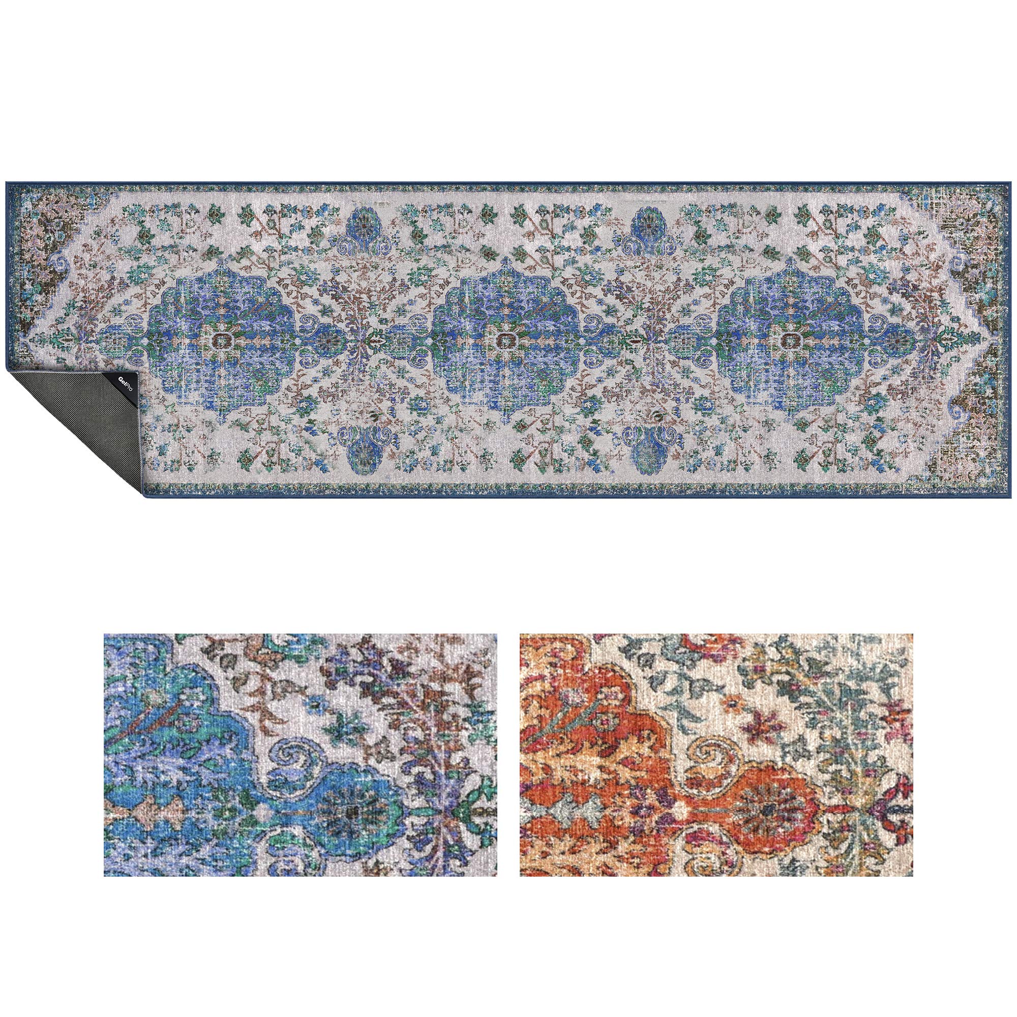 GelPro Nevermove Artisan Accent Machine-Washable Chenille Rug with GellyGrippers - 24x76 Inches, Taryn Dark Blue - Non-Slip Kitchen Mat for Hardwood Floors & High Traffic Areas