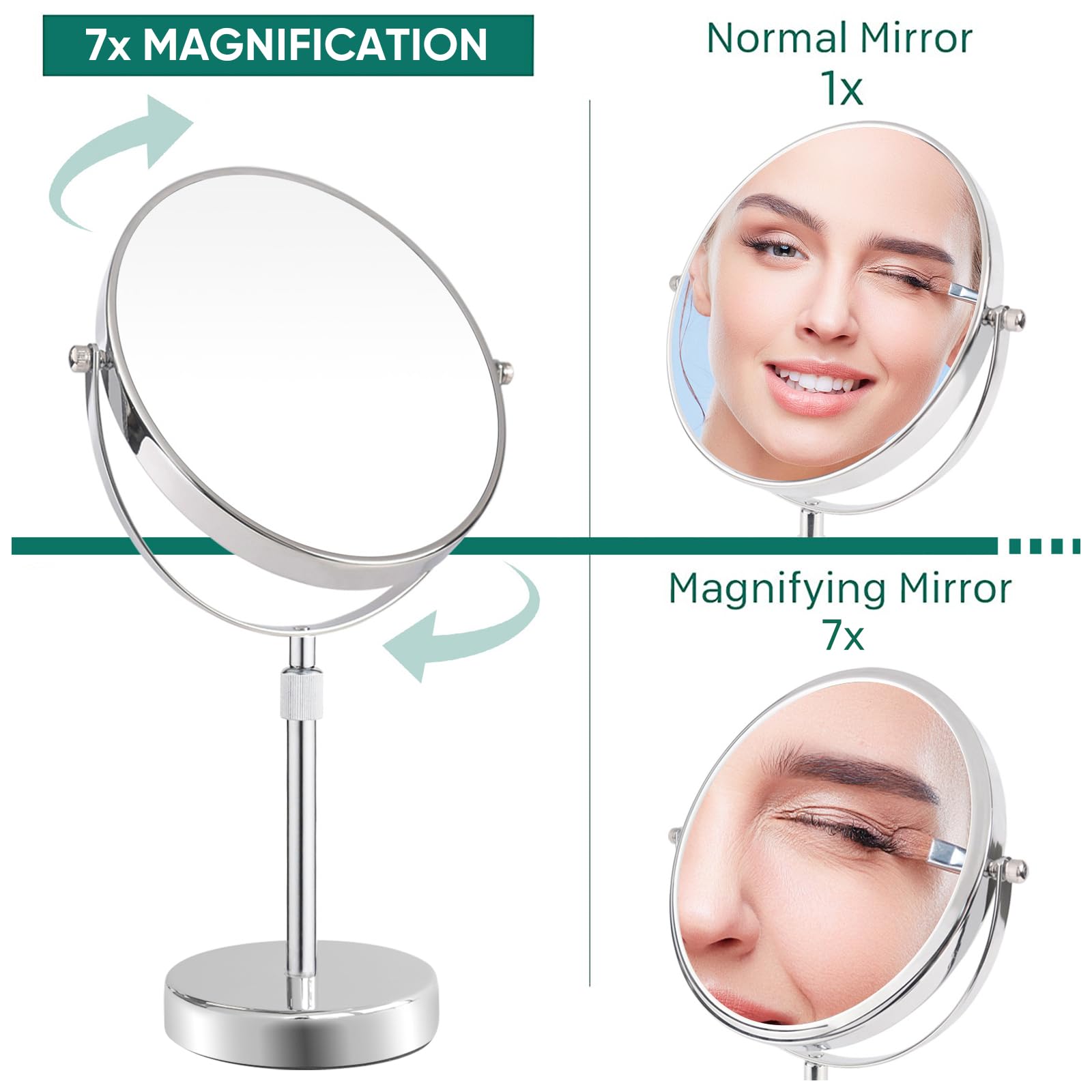 Premium 8 Inch Double-Sided Makeup Mirror with 7X Magnification - Adjustable Height Vanity Mirror for Makeup, Shaving & Skincare - Chrome Finish Tabletop Mirror for Bathroom, Bedroom & Dressing Room