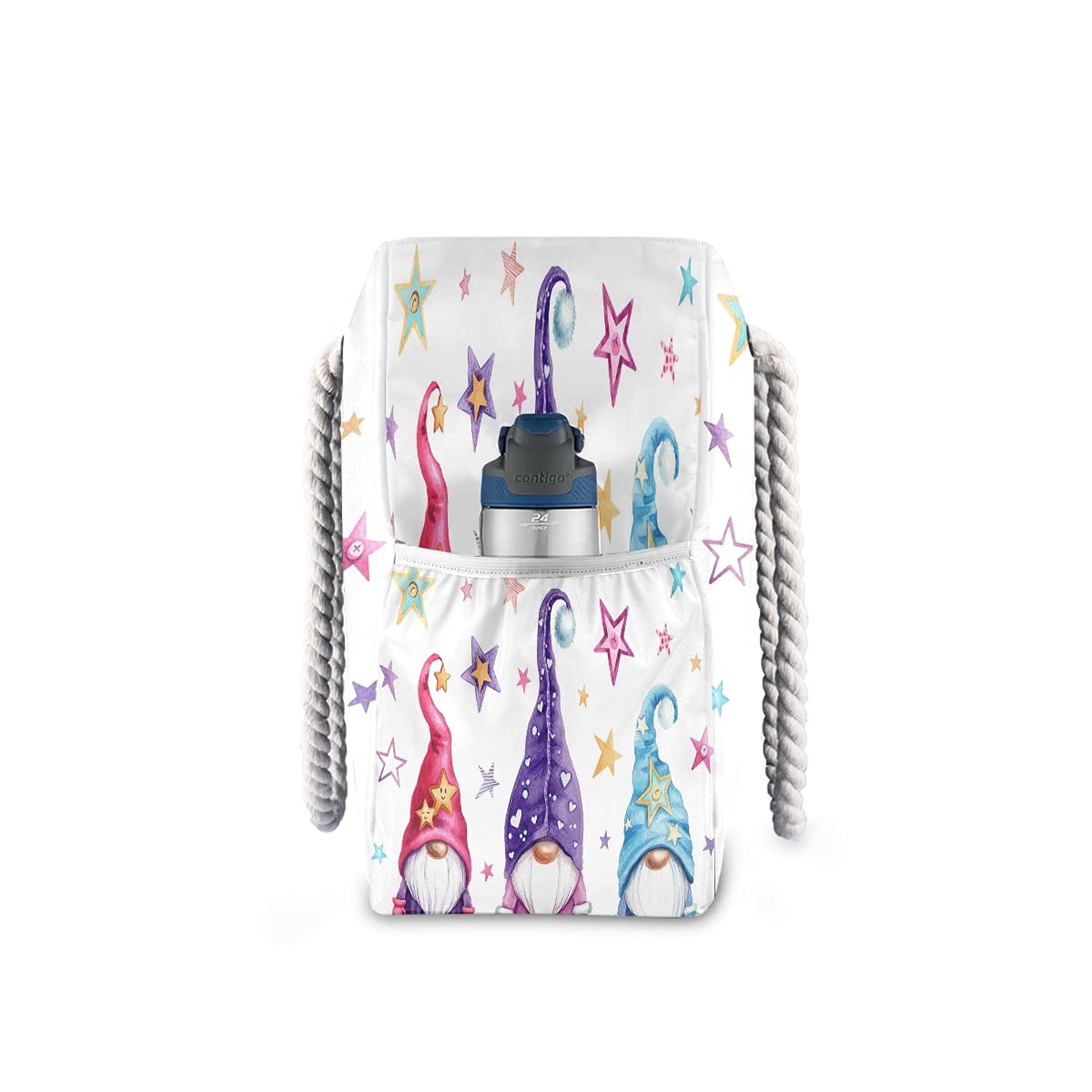 Large Waterproof Beach Tote Bag with Zipper - Magic Gnome & Star Watercolor Design for Women, Perfect for Pool, Gym, Travel & Summer Outings