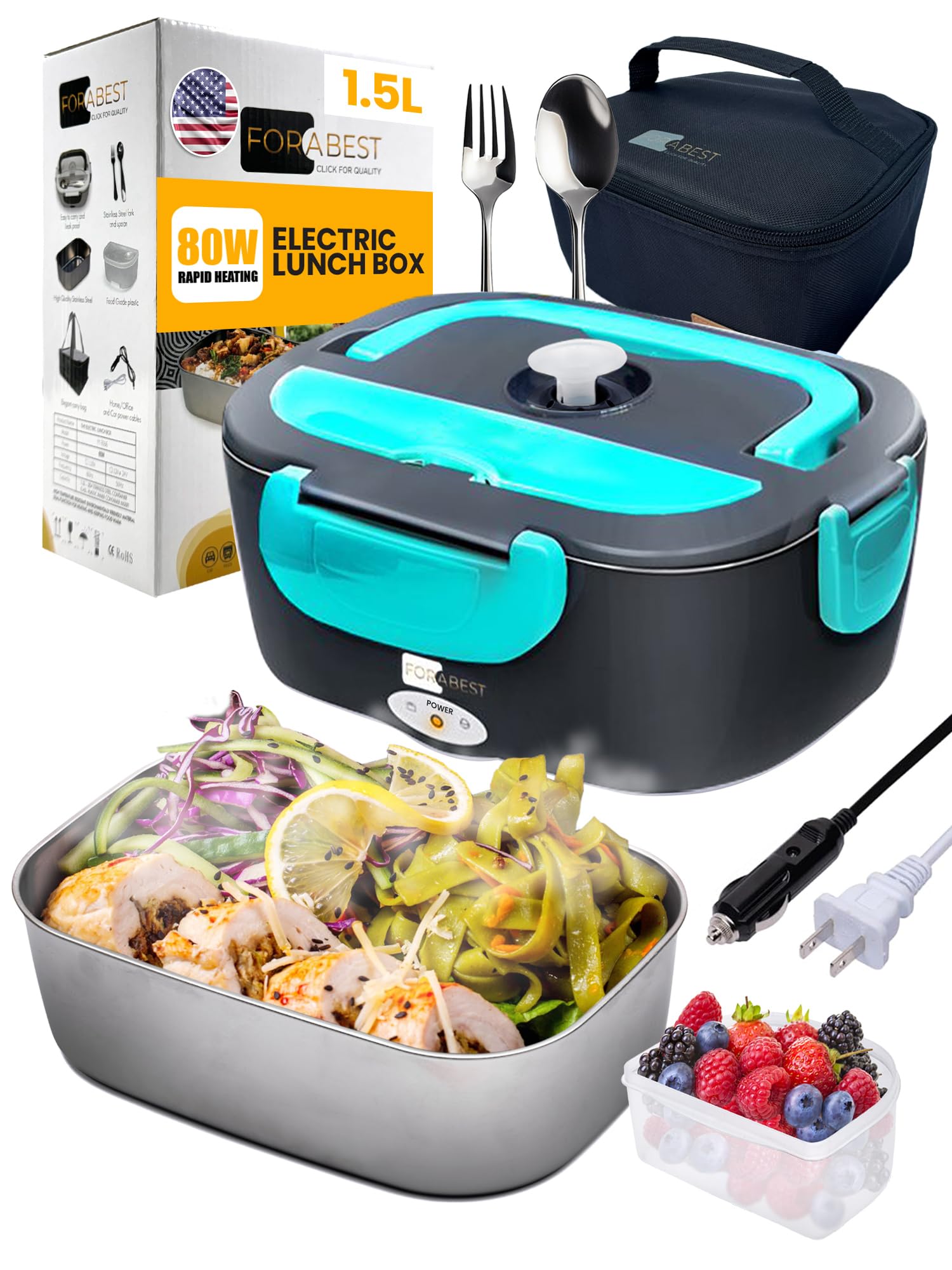 Portable Electric Lunch Box 80W - 1.5L Stainless Steel Heated Food Container for Adults | 12V/24V Car & Truck Use | 110V/220V for Office, Travel & Camping | BPA-Free Insulated Meal Warmer for Hot Meals On-The-Go