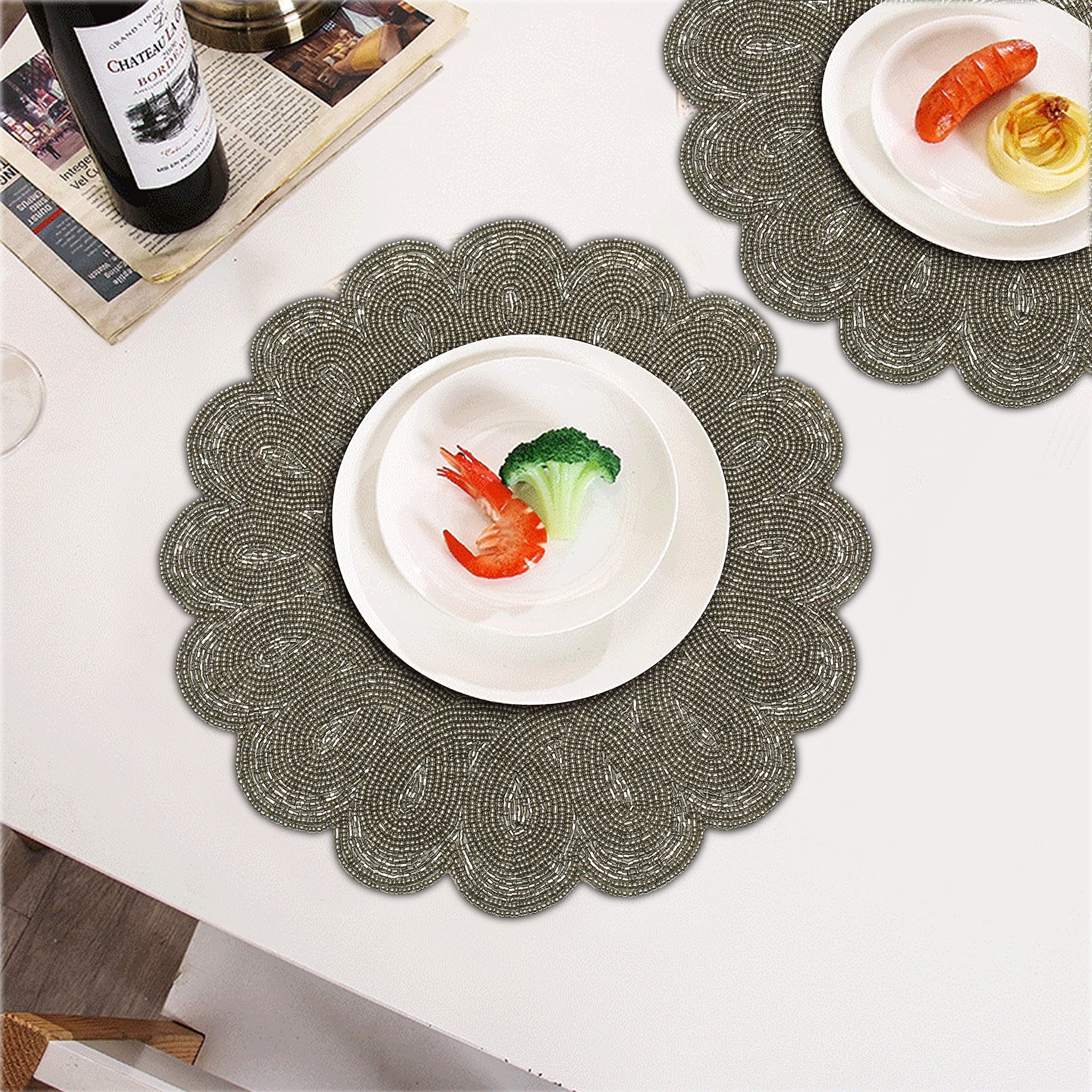 Lightnpro Beaded Charger - Round & Scalloped Christmas Placemat Set of 2 (13 Inch) for Holiday Table Decor, Dining Table Setting, and Festive Party Centerpiece