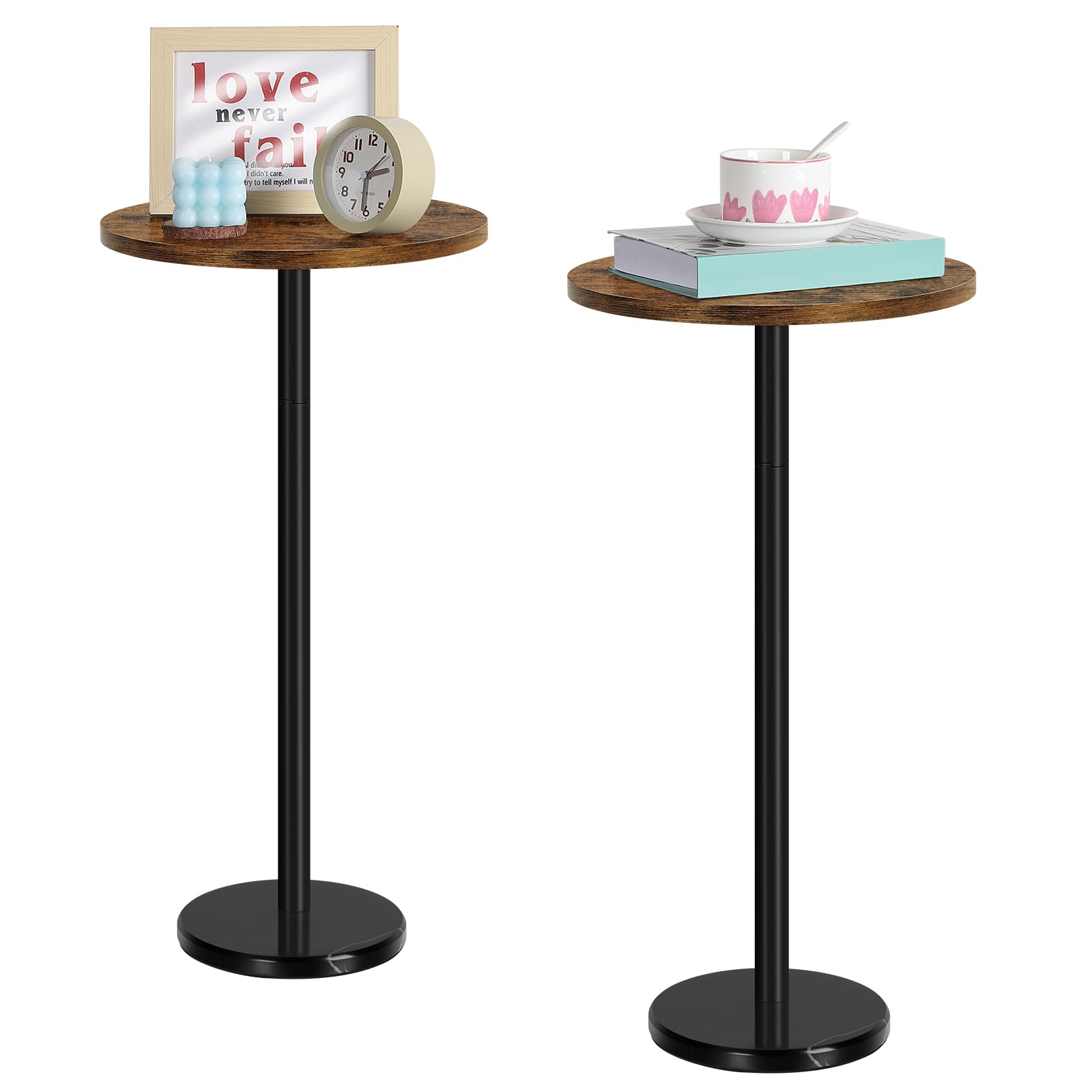 2-Piece Round Side Table Set with Marble Base - Small Drink Pedestal Accent End Coffee Cocktail Table for Living Room, Sofa, Outdoor Use (Brown & Black) - Perfect for Small Spaces, Patio, and Home Decor