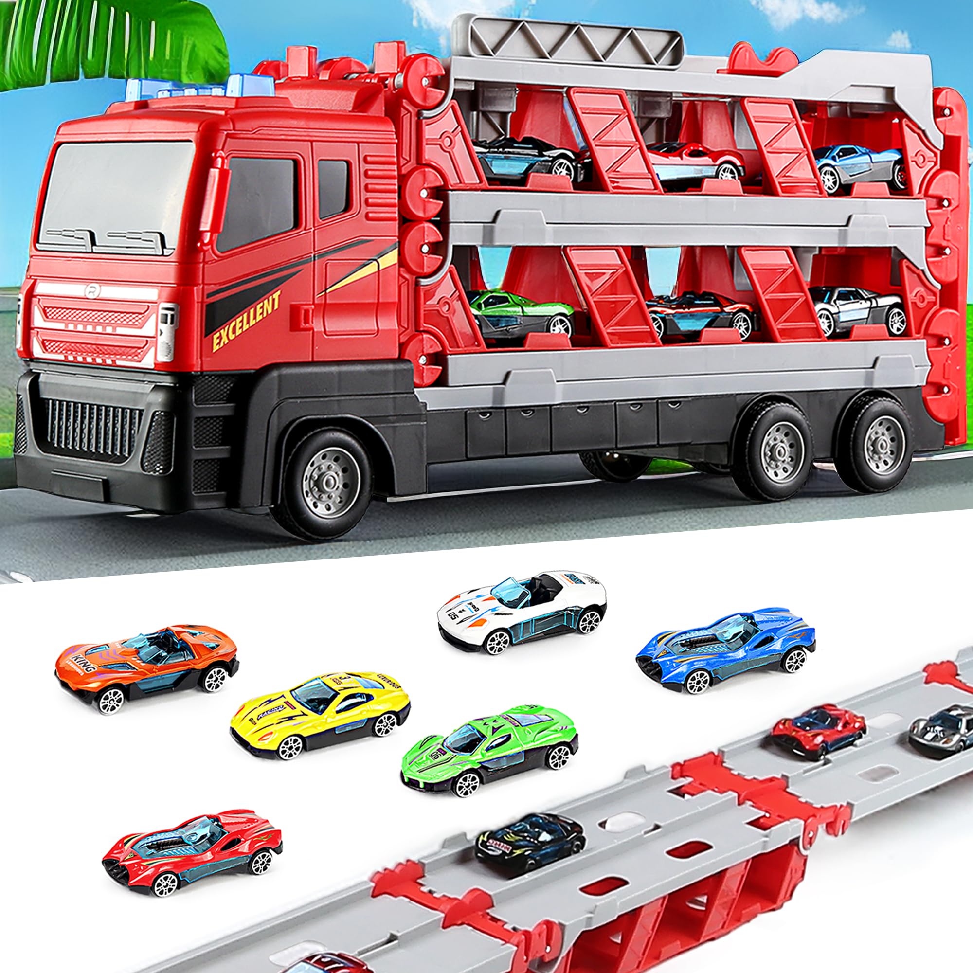 Mega Hauler Truck with Ejection Race Track - 7-in-1 Transformer Toy Truck with 6 Metal Race Cars, Music & Lights - Best Gift for Boys & Girls Ages 4-13 - Perfect for Indoor Play, Birthday Parties & STEM Learning