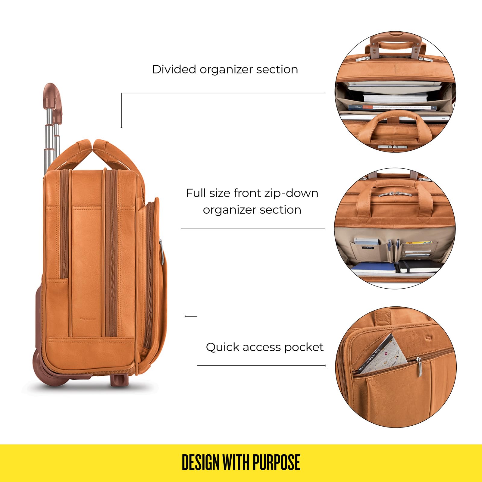 Solo Walker Genuine Leather Rolling Laptop Briefcase - Tan Brown Business Travel Carry-On with Wheels | Perfect for Business Trips, Commuting & Air Travel