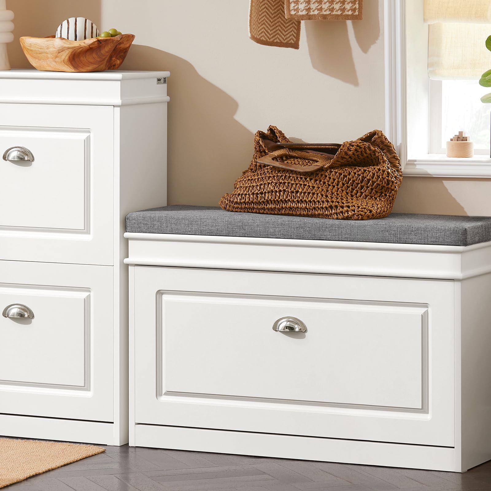 White Narrow Shoe Storage Bench with Cushion - 2-Tier Flip-Drawer Entryway Shoe Cabinet for Hallway, Closet & Mudroom Organization (FSR82-L-W) - Perfect for Small Spaces & Home Entry Organization