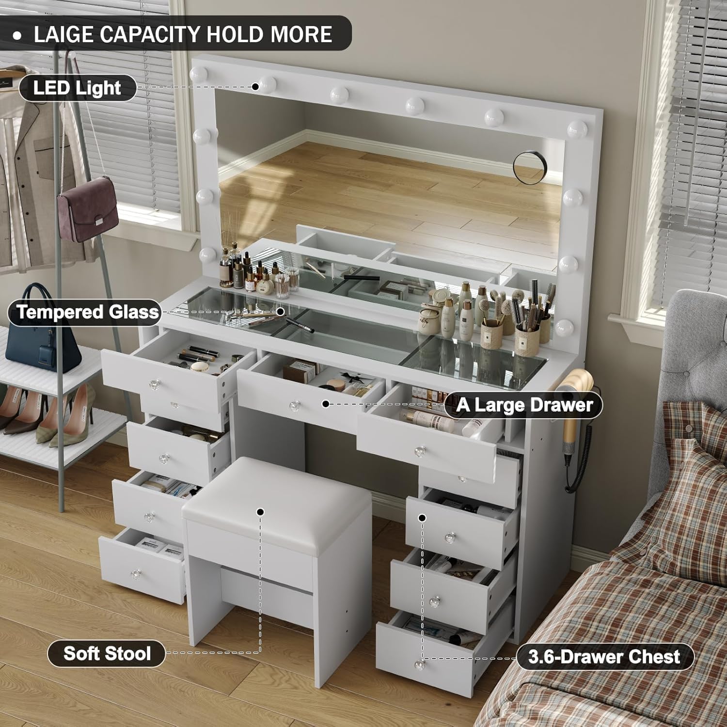 White Vanity Desk with Illuminated Mirror & Power Outlet - 11 Drawers Makeup Dressing Table with Chair, 12 LED Lights & Tempered Glass Top - Perfect for Bedroom, Dressing Room & Home Salon Setup