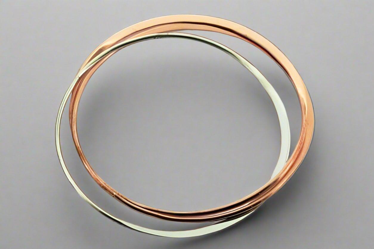 2-Pack Copper and Silver Interlinked Bangles - Trendy Stackable Bracelets for Women, Perfect for Layering and Everyday Wear