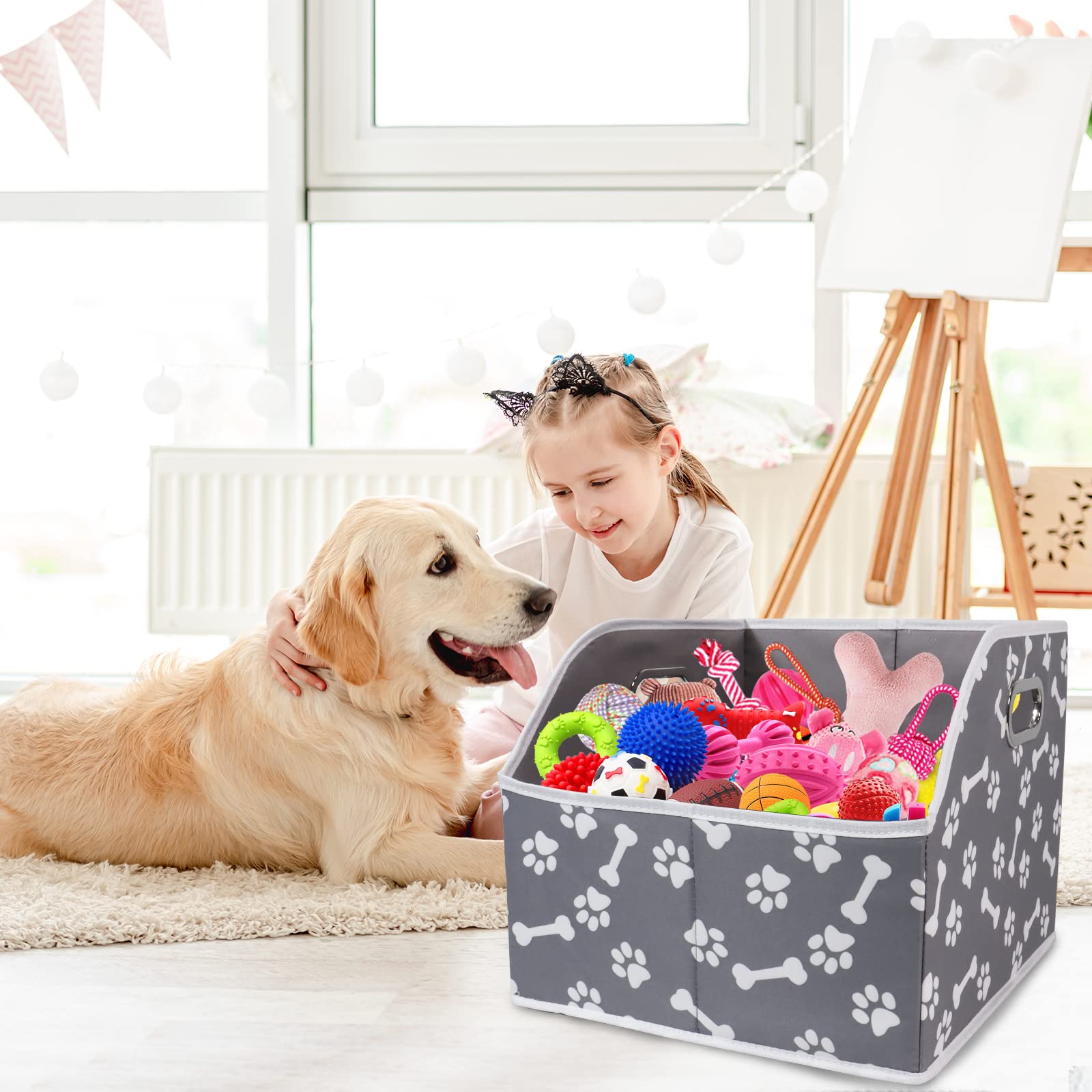 Foldable Dog Toy Storage Bin with Handle - Pet Toy Organizer Box for Blankets, Shelves & Closet - Bone Claw Design - Perfect for Home, Nursery & Playroom Organization