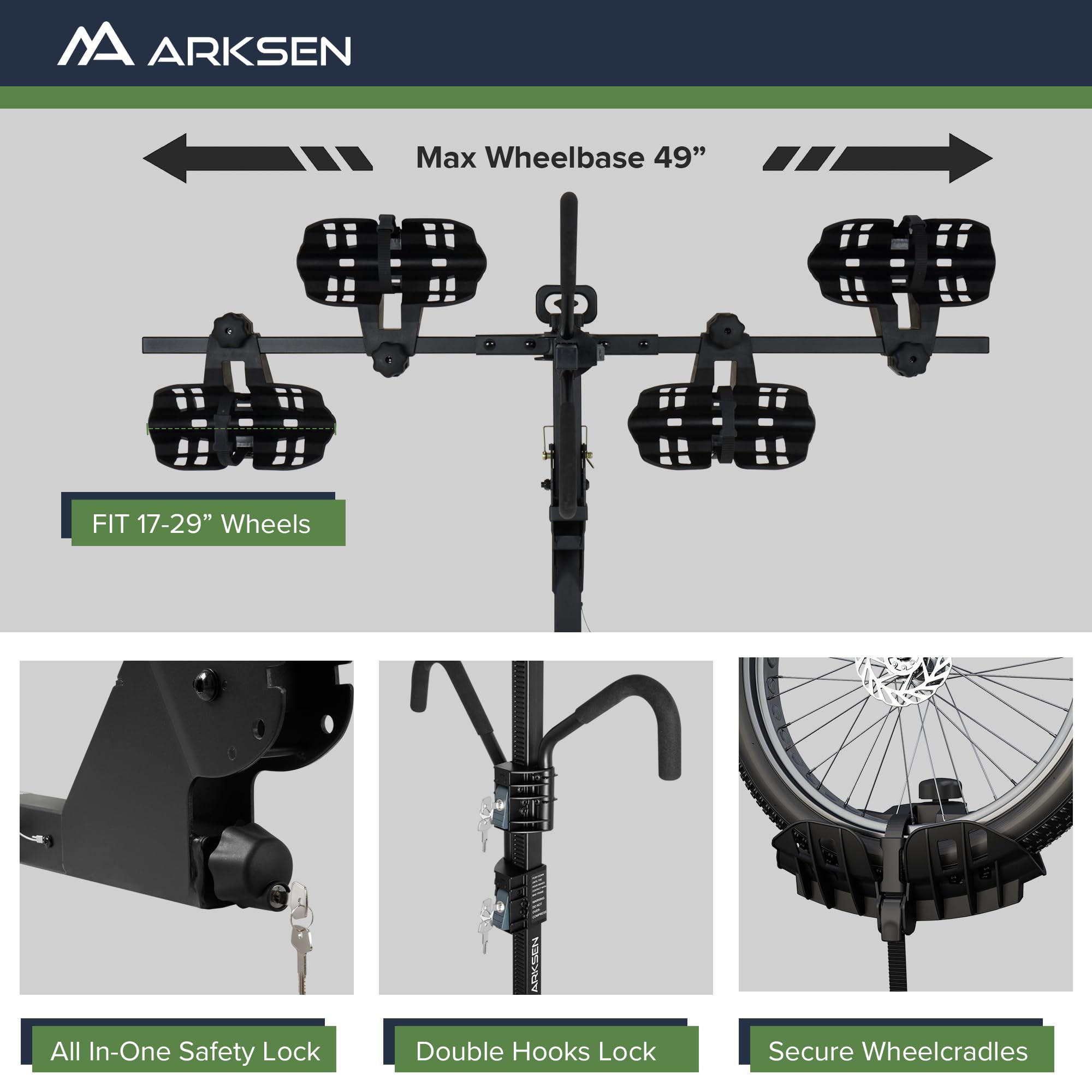 Arksen Electric Bike Rack Hitch - Foldable Quick Release Smart Tilting 2 Ebike Carrier Platform with Car Lock for 5.5