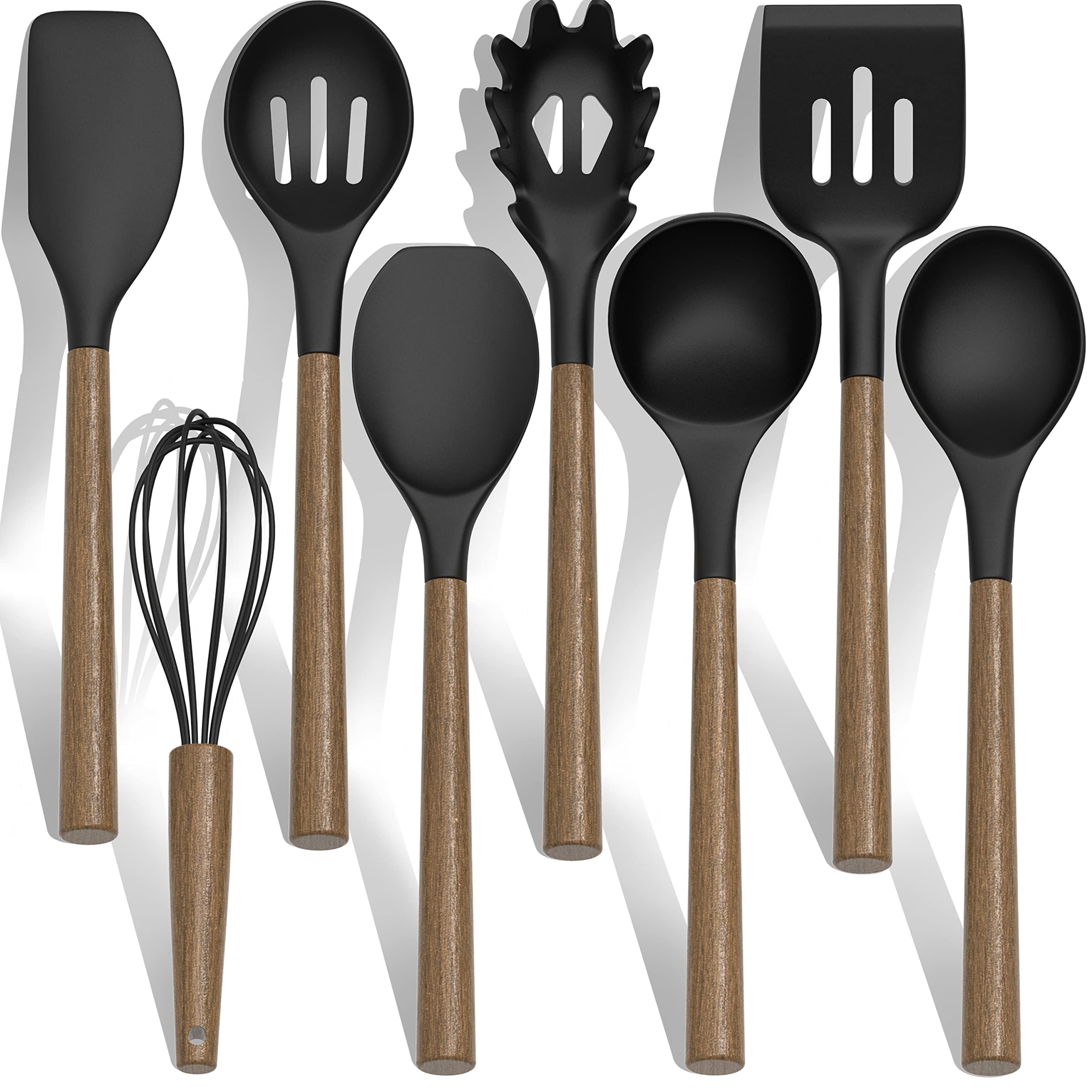 Premium 9-Piece Silicone Kitchen Utensil Set with Wooden Handle - Heat Resistant up to 446°F - Nonstick Cookware Safe Spatula Set with Storage Holder (Black) - Perfect for Baking, Cooking, and Serving