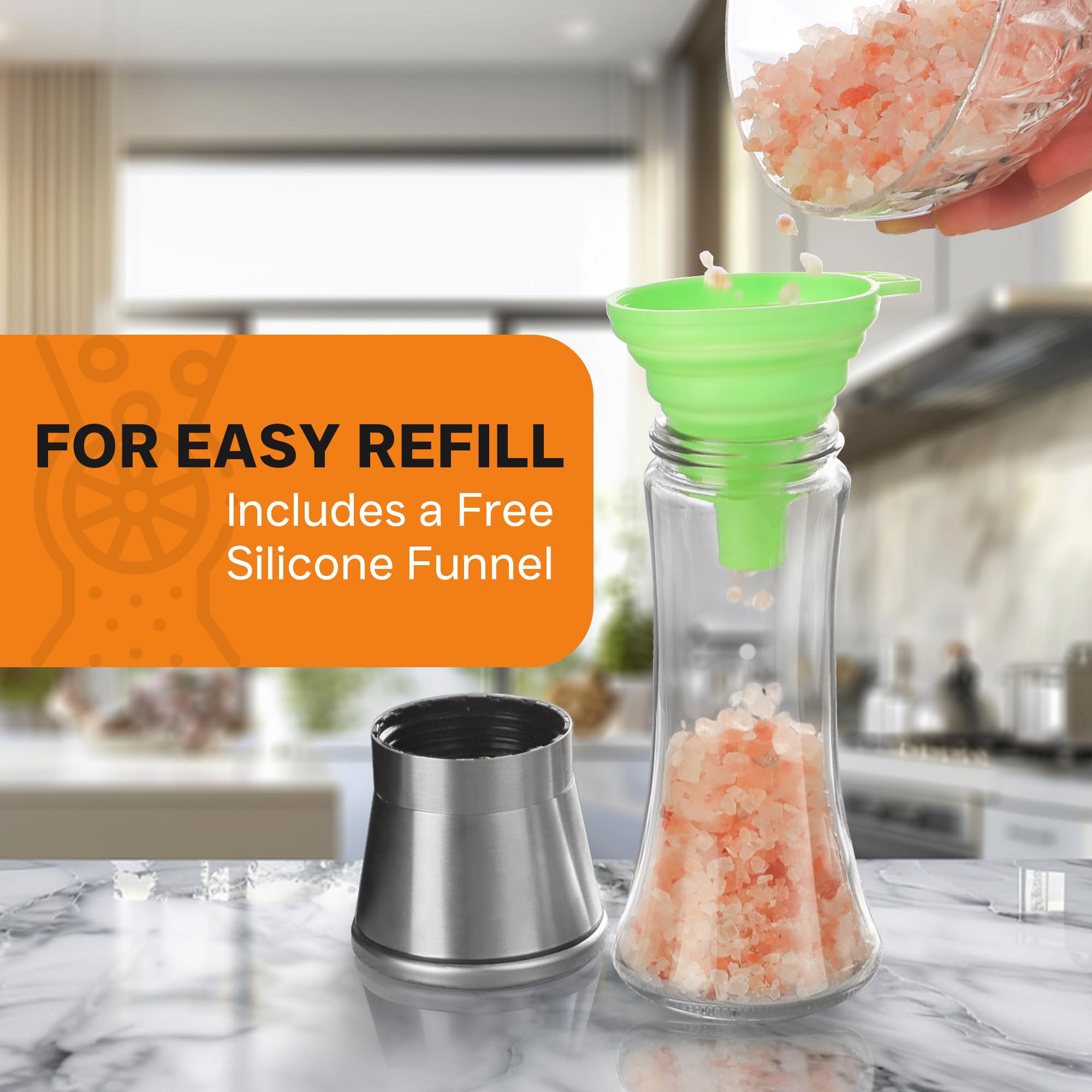 Premium Stainless Steel Salt and Pepper Grinder Set - Adjustable Coarseness, Refillable Glass Body - Elegant Kitchen Essential for Cooking, Baking & Dining - Perfect Gift for Home Chefs (1 Pack)