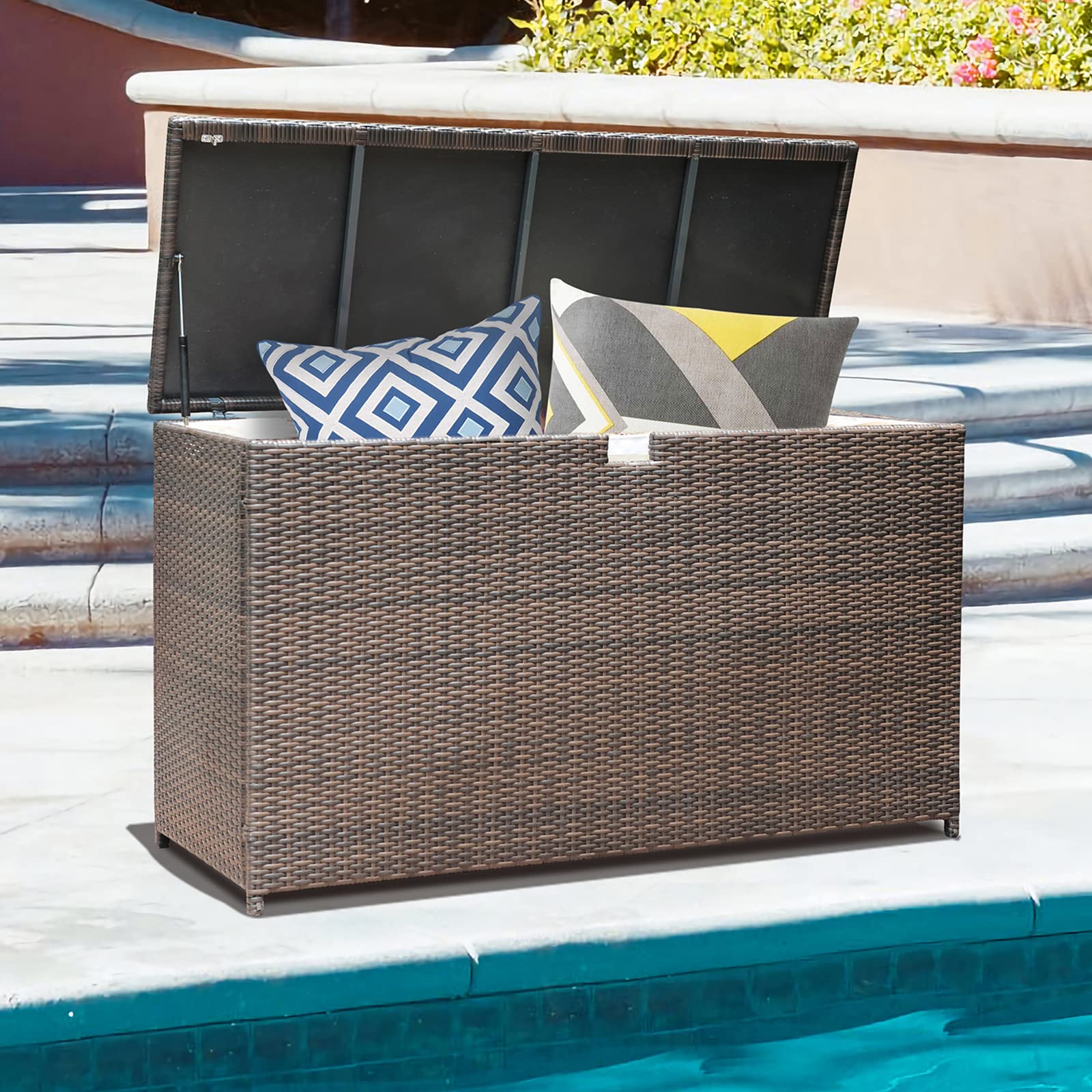Outdoor Wicker Storage Box with Aluminum Frame - 120 Gallon Water-Resistant Patio Cushion & Pool Toy Organizer for Garden, Deck, and Backyard
