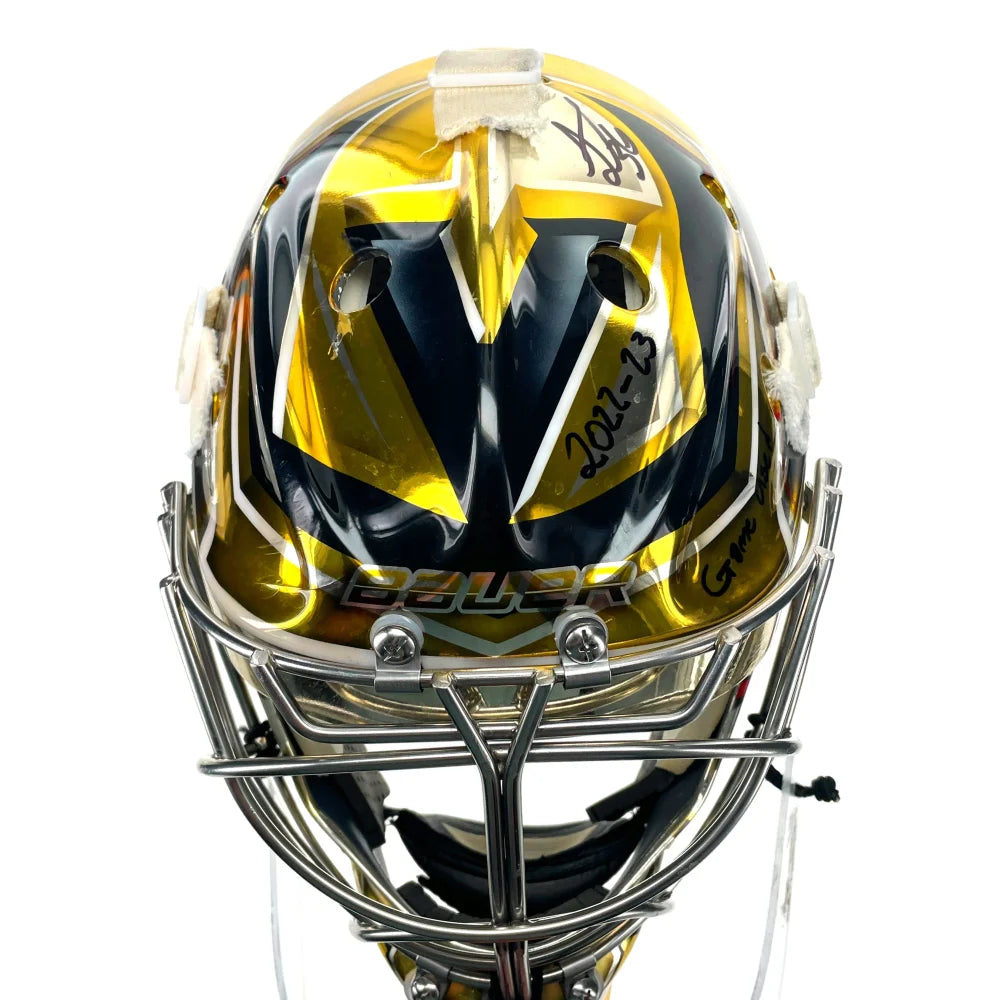 Authentic Logan Thompson Game Used Signed Goalie Mask 2022-23 Season with COA - Vegas Golden Knights NHL Hockey Memorabilia - Perfect for Collectors, Fans, and Sports Memorabilia Displays