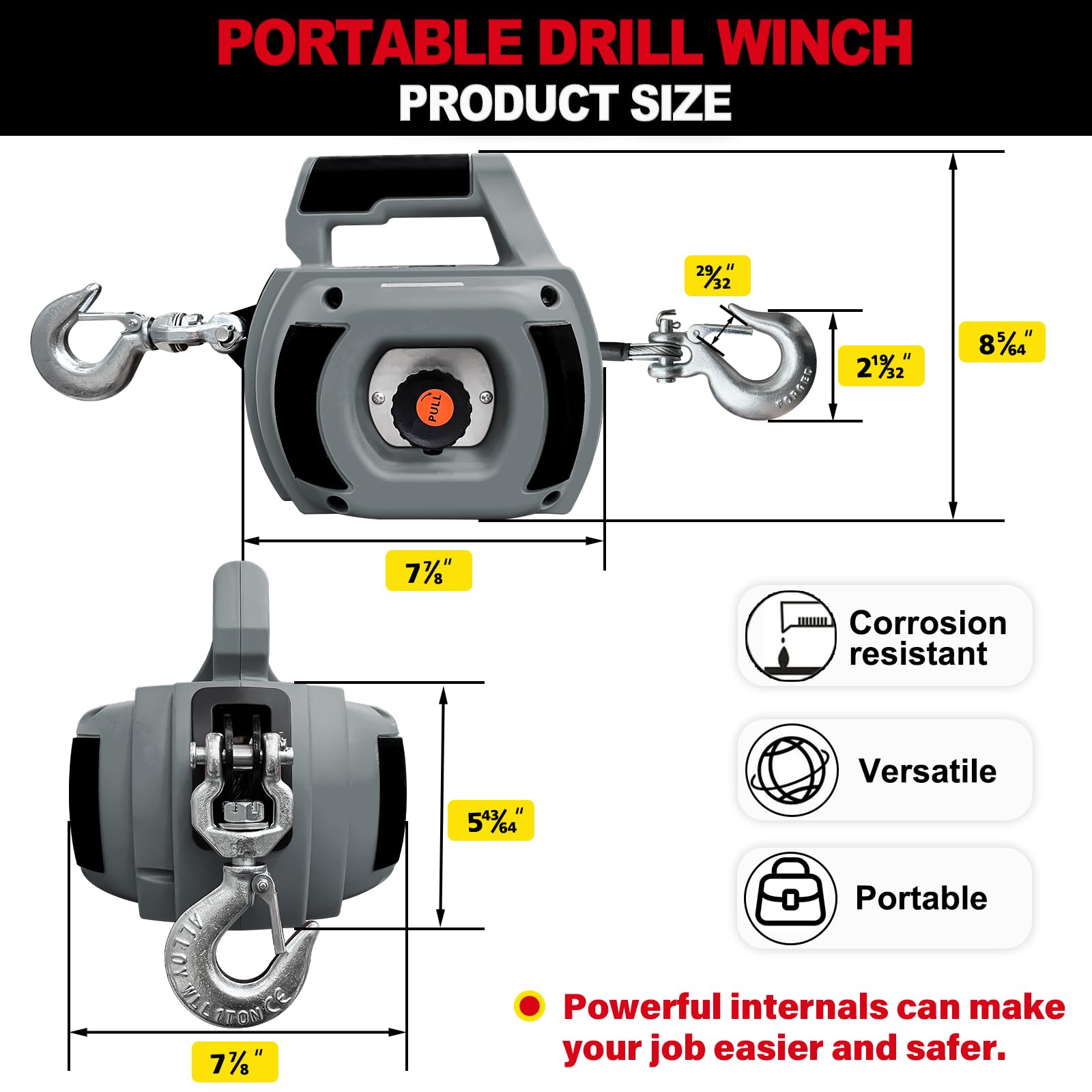 Portable Drill Winch 1000LBS Capacity - Heavy Duty Alloy Steel Wire Rope 40FT - Electric Drill Powered Winch for Lifting, Pulling, Towing & Hauling - Perfect for Trailers, Boats, ATVs & Farm Use (Gray)