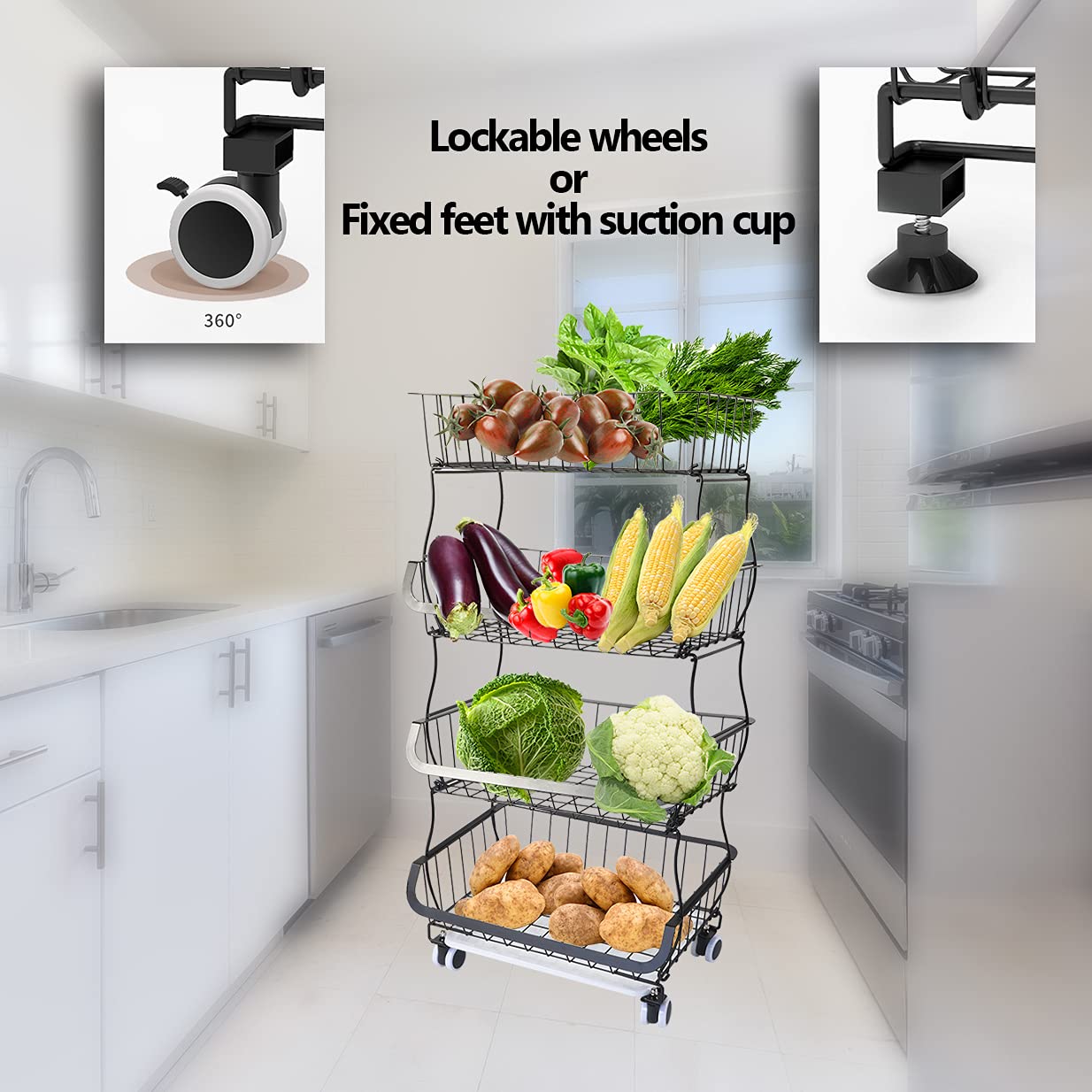 Stainless Steel Rolling Stackable Wire Baskets - 4 Tier Metal Storage Organizer with Wheels for Kitchen Pantry, Bathroom & Office | Perfect for Snacks, Toiletries & Office Supplies Organization