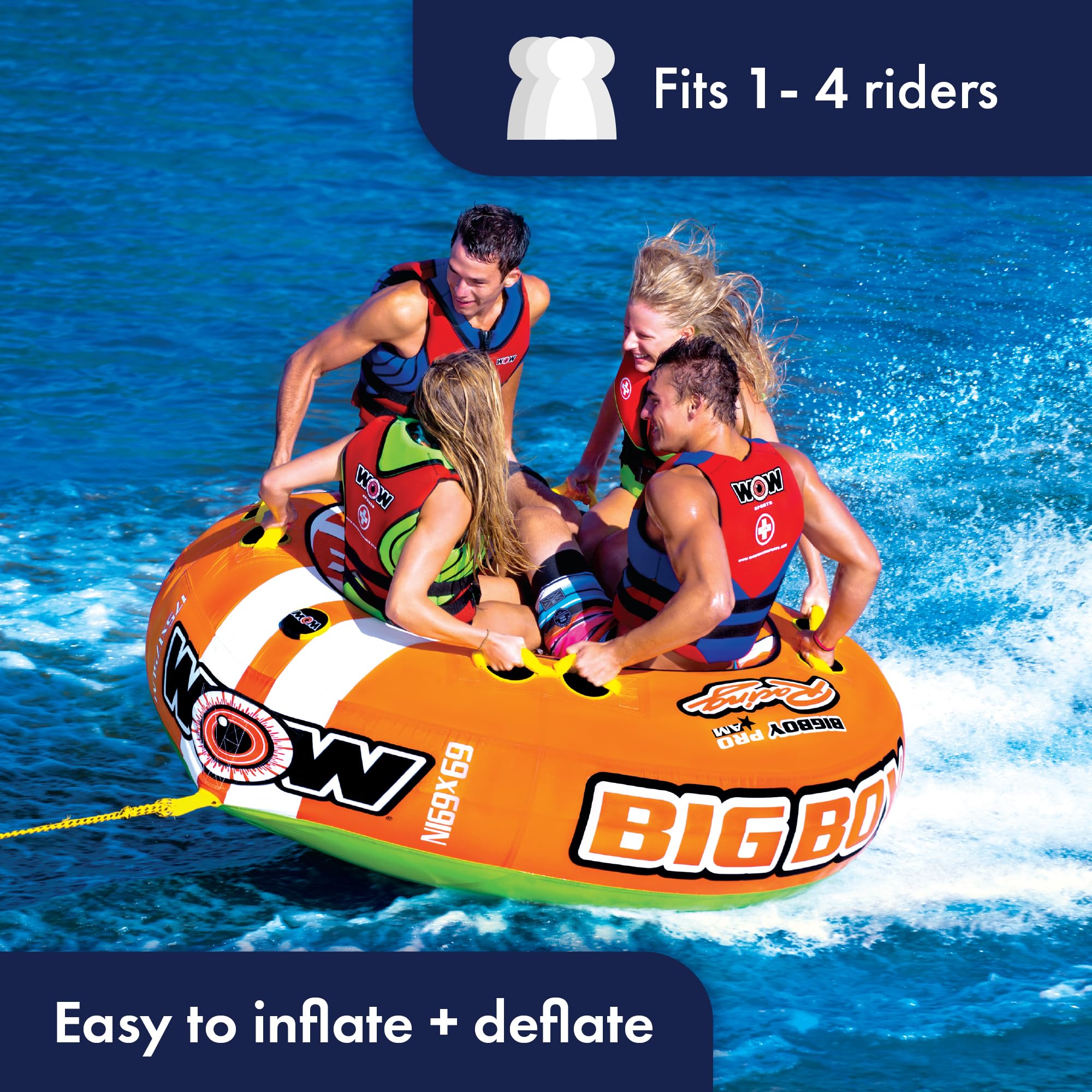 WOW Sports Big Boy 1-4 Person Inflatable Racing Towable Tube for Boating - High Speed Water Tube for Lakes & Oceans - Perfect for Family Fun & Summer Water Sports (Model 15-1130)
