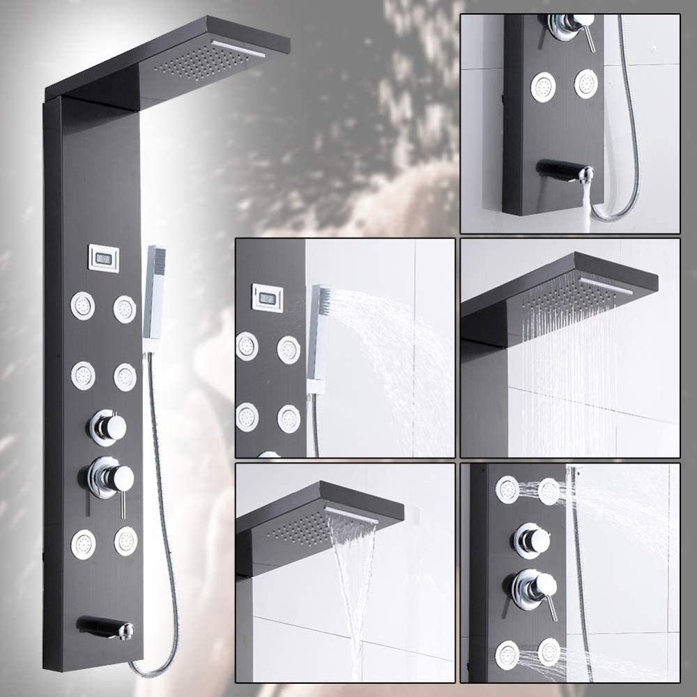 Stainless Steel Shower Panel System with LCD Display, Thermostat & 6 Water Modes - Modern Black Bathroom Upgrade for Spa-Like Experience