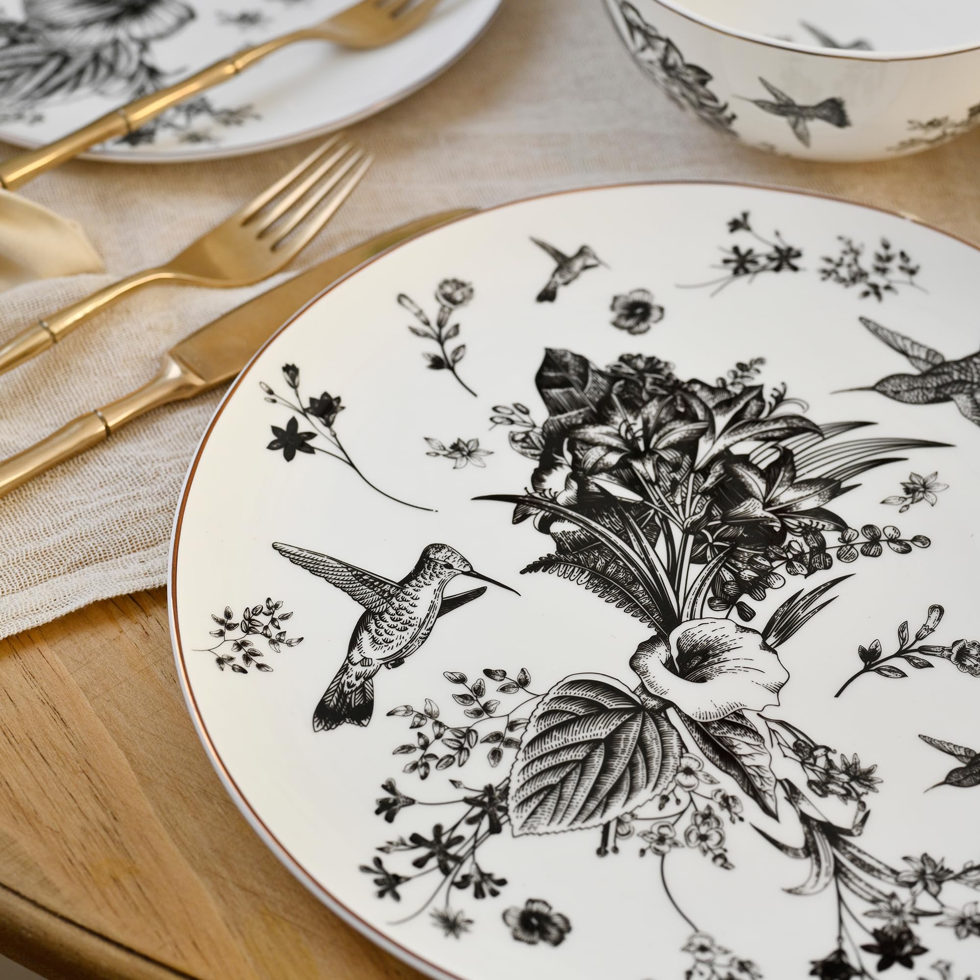 KOKEN 4-Piece Ceramic Dinnerware Set - Botanic Plates & Bowls for Salad, Dessert & Cereal | Microwave Safe Bone China Dishes | Perfect for Family Dining, Dinner Parties & Everyday Use