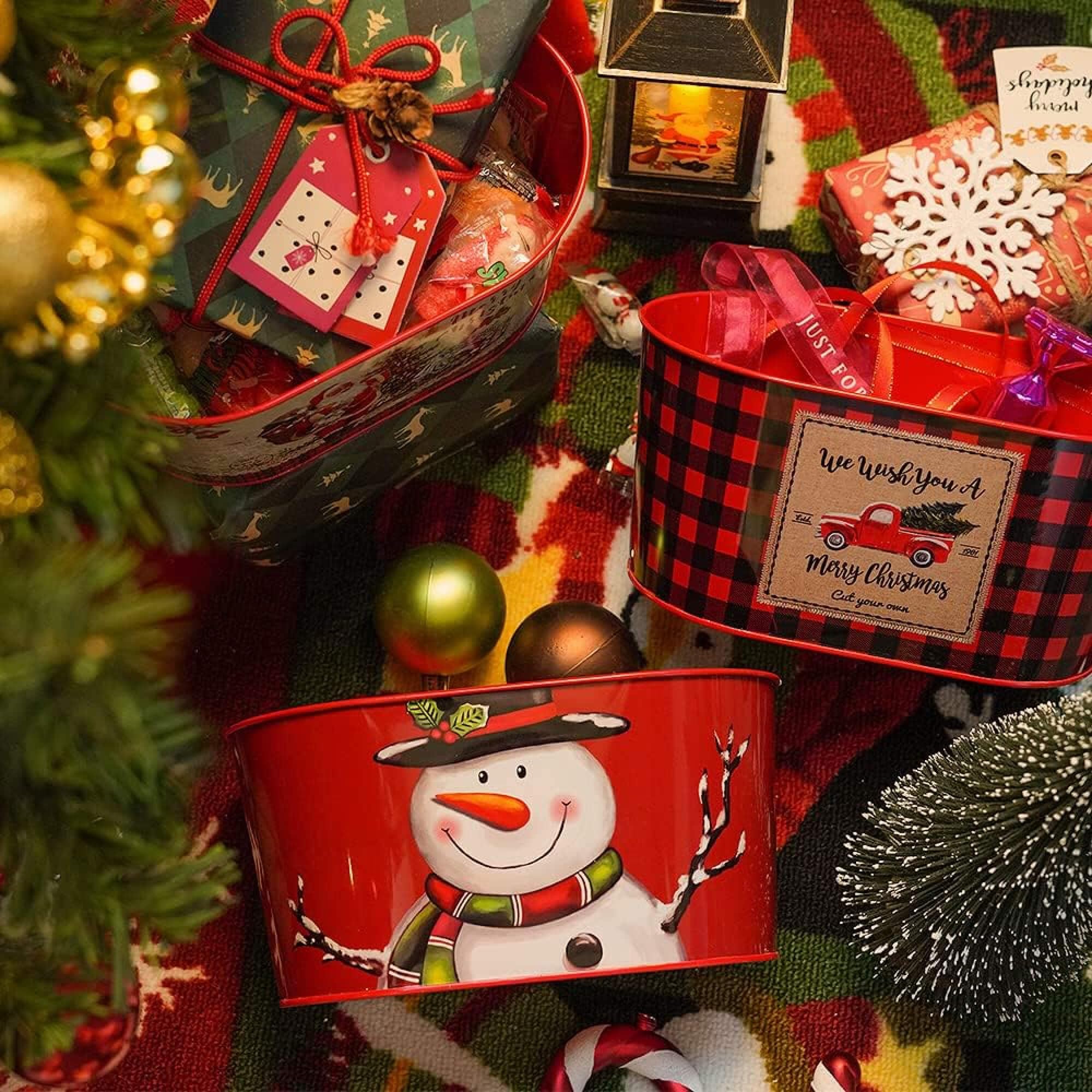 Christmas Metal Buckets - 5 Pack Galvanized Tin Pails for Holiday Decor & Table Centerpieces (7.9