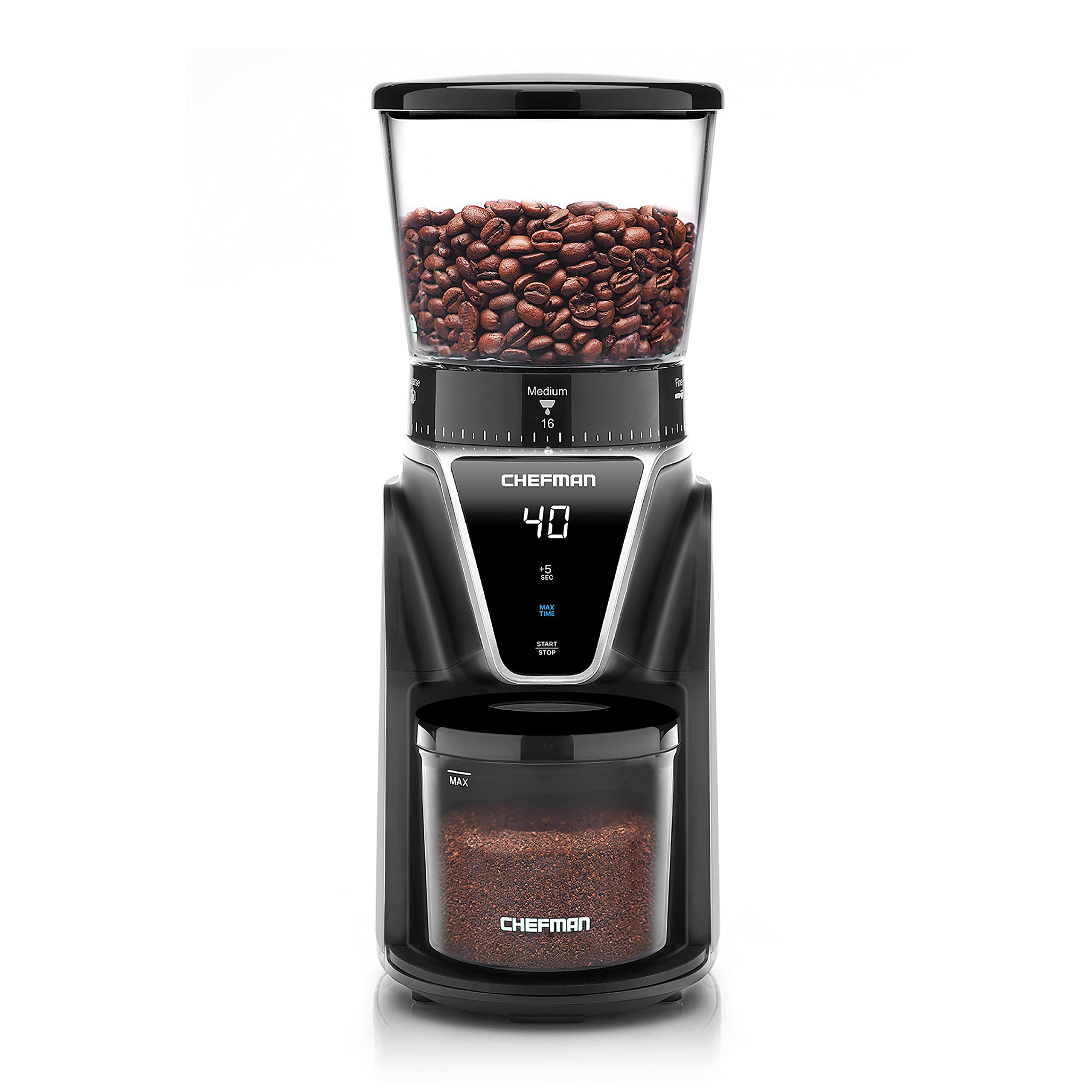 Chefman Conical Burr Coffee Grinder - 31 Adjustable Settings from Coarse to Extra Fine, One-Touch Digital Control, 9.7oz Bean Capacity - Perfect for Espresso, French Press & Pour Over Coffee - Black