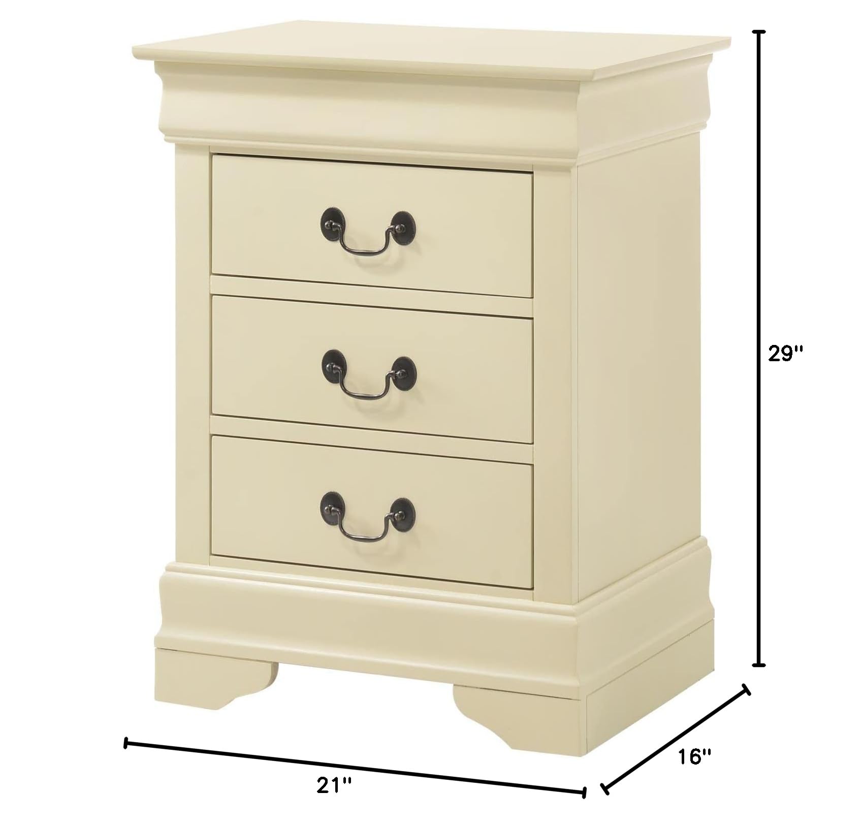 Glory Furniture Louis Phillipe 3-Drawer Nightstand in Beige - Elegant Bedside Table for Bedroom Decor & Storage | Perfect for Master Bedroom, Guest Room, or Apartment