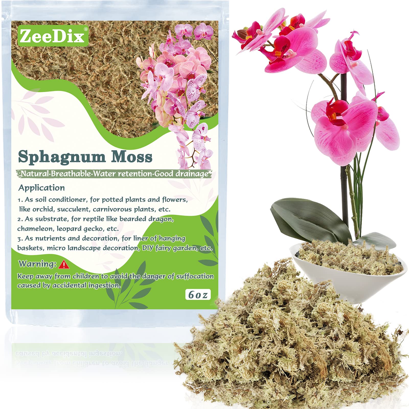 Premium 170g (6oz) ZeeDix Sphagnum Moss Potting Mix - All-Natural Dried Sphagnum Moss for Carnivorous Plants, Orchids, Succulents & Reptiles | Ideal for Venus Fly Traps, Sarracenia, Terrariums & Reptile Habitats (4qt)